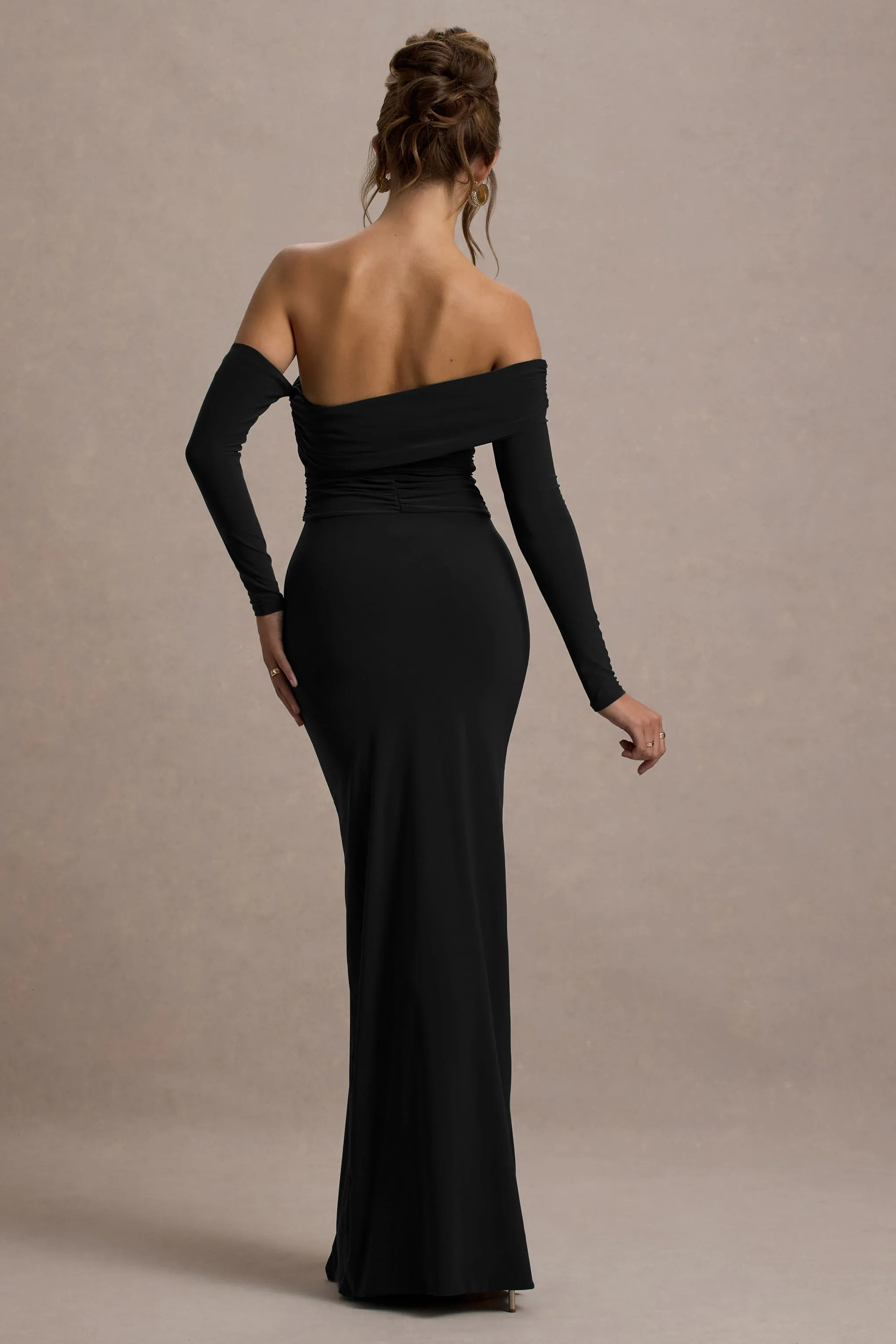 Stand Out | Black Bardot Long Sleeve Ruched Maxi With Side Split Club L London