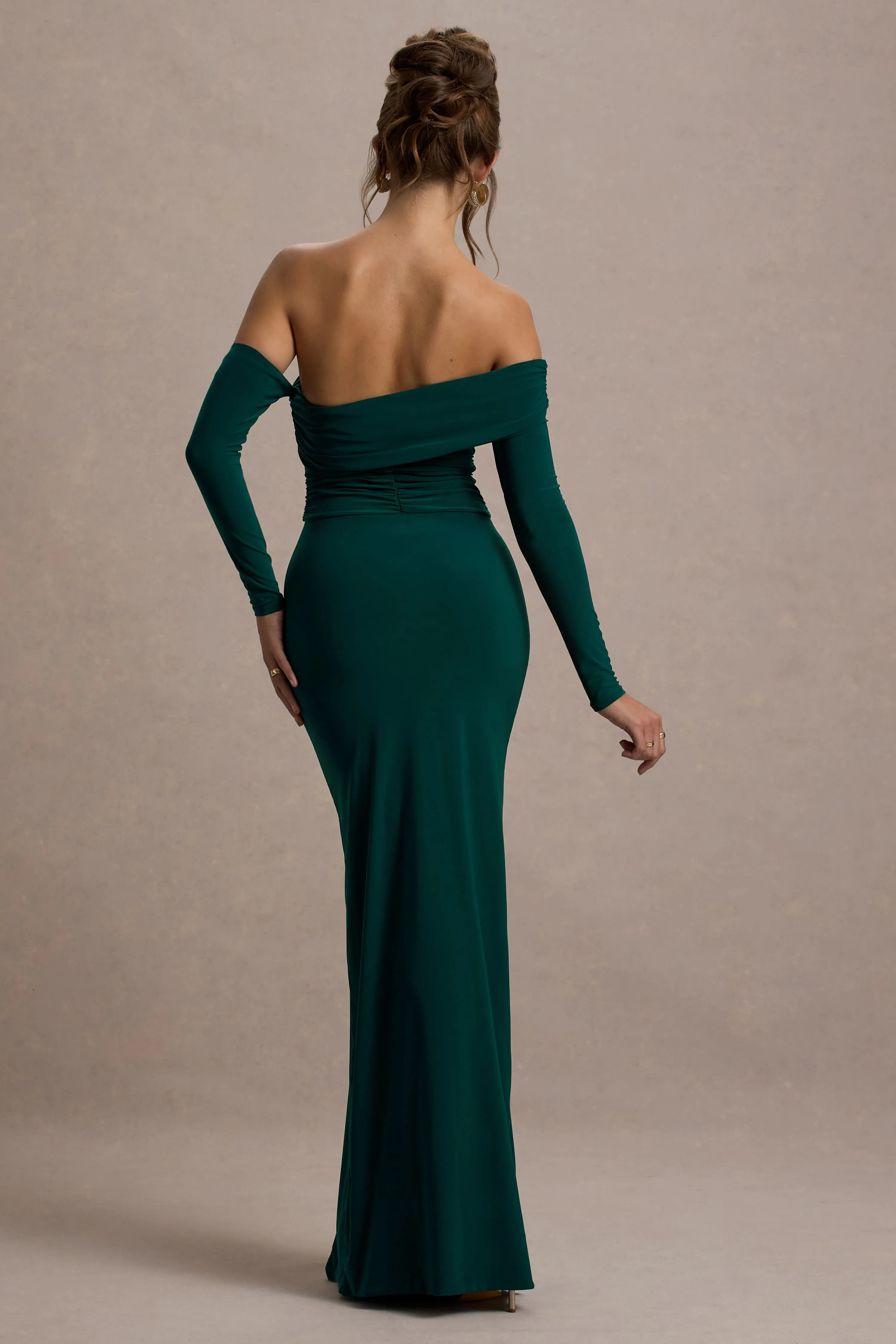 Stand Out | Bottle Green Bardot Long Sleeve Ruched Maxi With Side Split Club L London