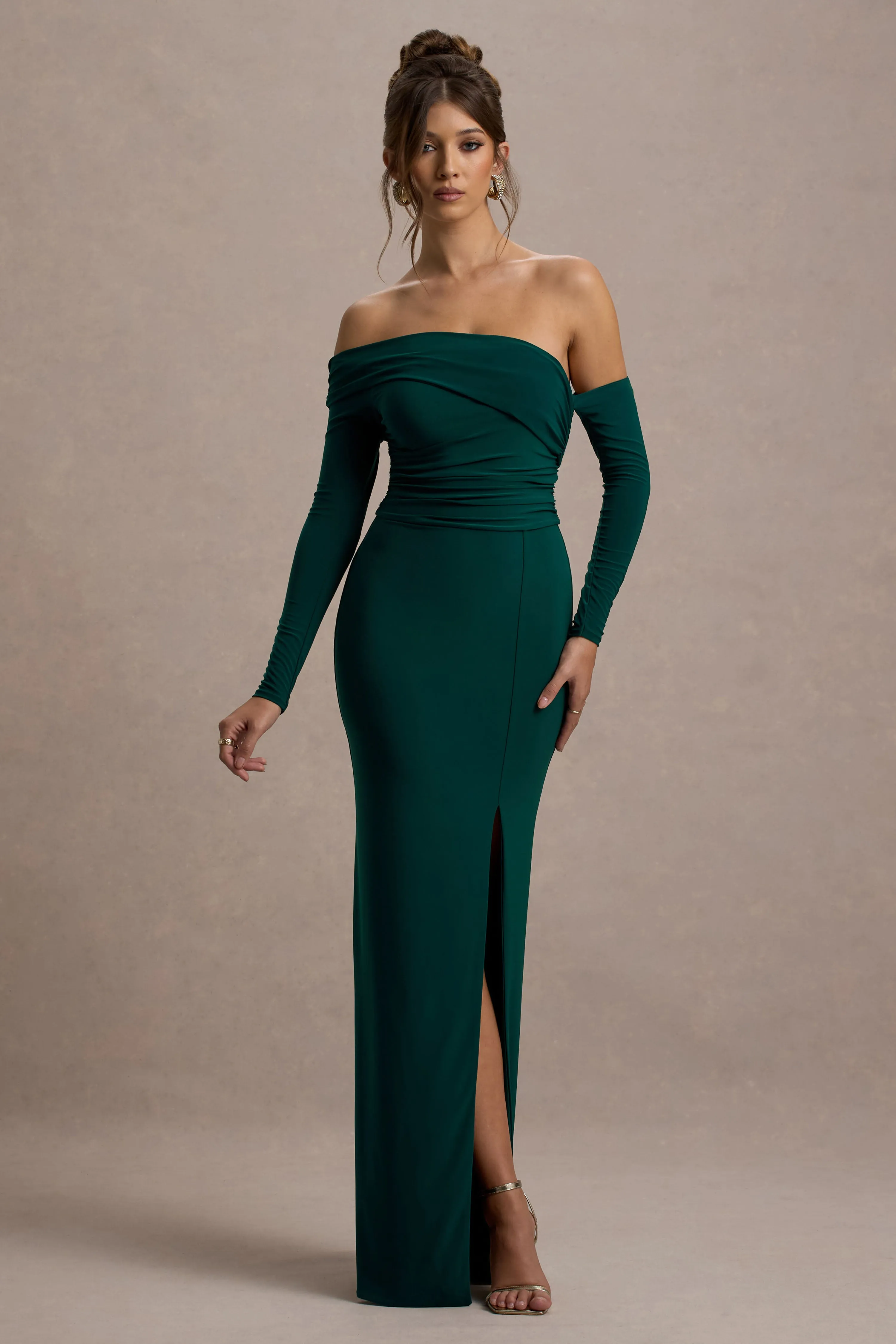 Stand Out | Bottle Green Bardot Long Sleeve Ruched Maxi With Side Split Club L London