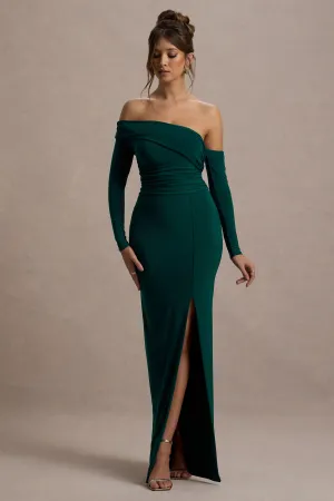 Stand Out | Bottle Green Bardot Long Sleeve Ruched Maxi With Side Split Club L London