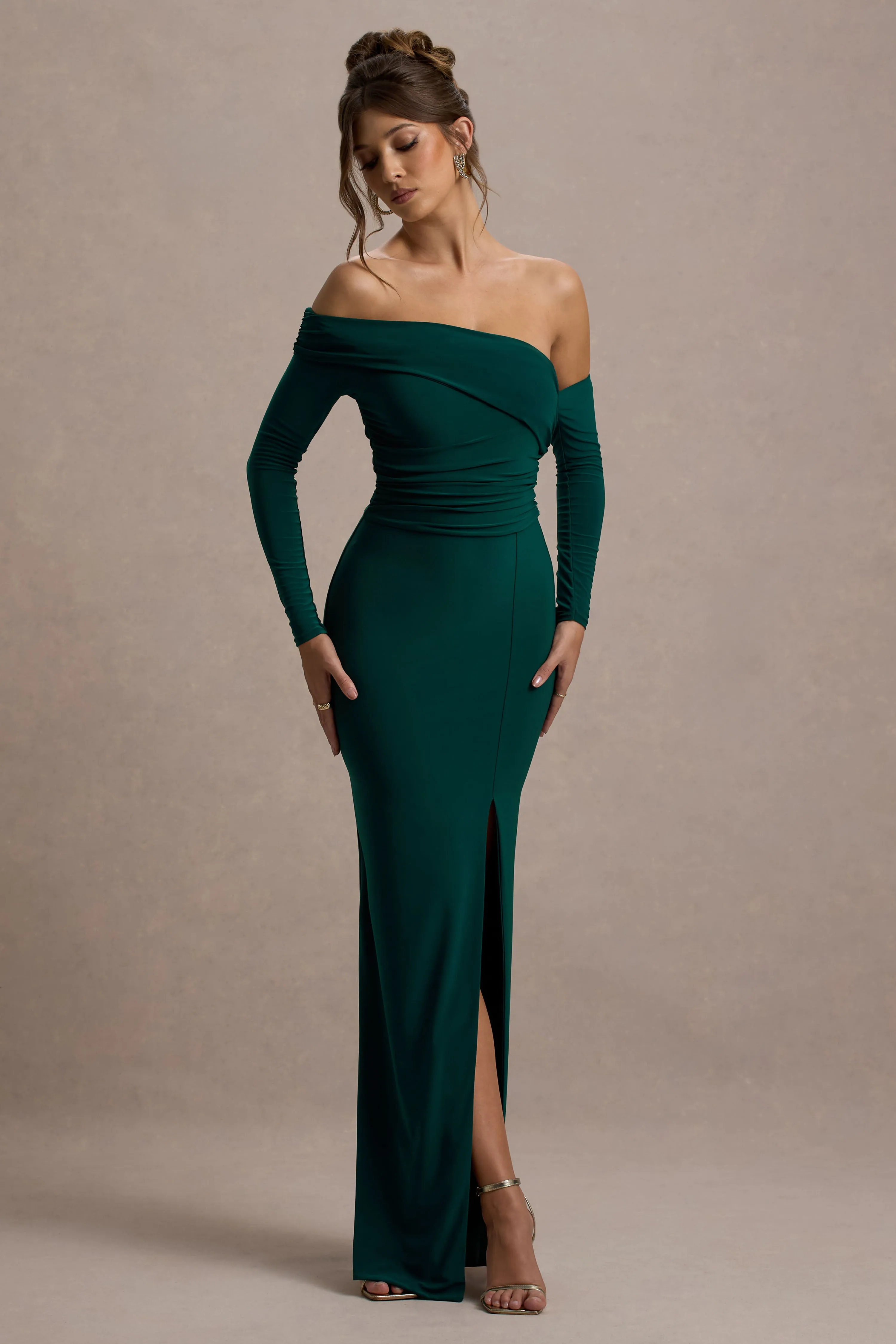 Stand Out | Bottle Green Bardot Long Sleeve Ruched Maxi With Side Split Club L London