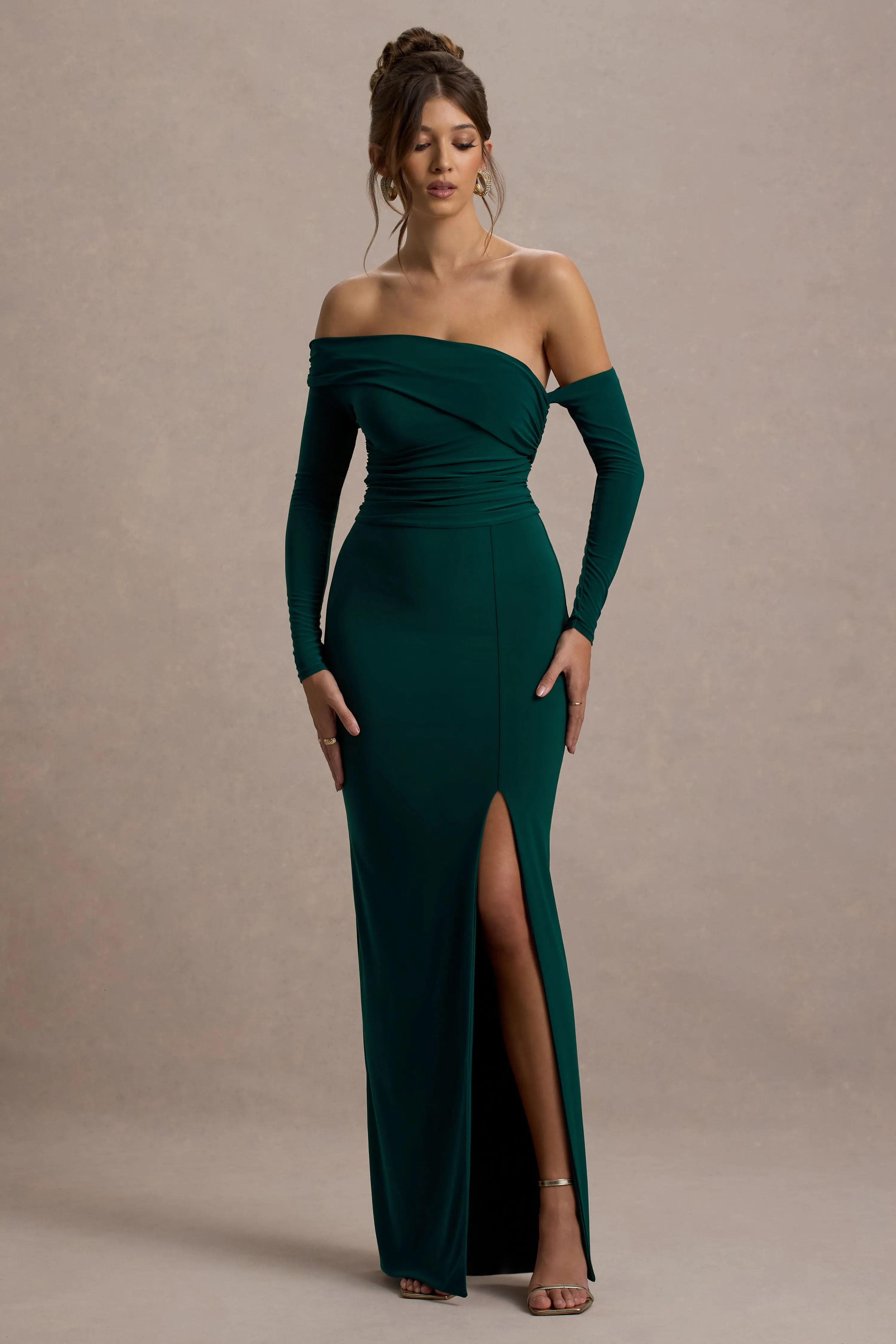Stand Out | Bottle Green Bardot Long Sleeve Ruched Maxi With Side Split Club L London