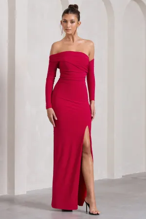 Stand Out | Red Bardot Long Sleeve Ruched Maxi With Side Split Club L London