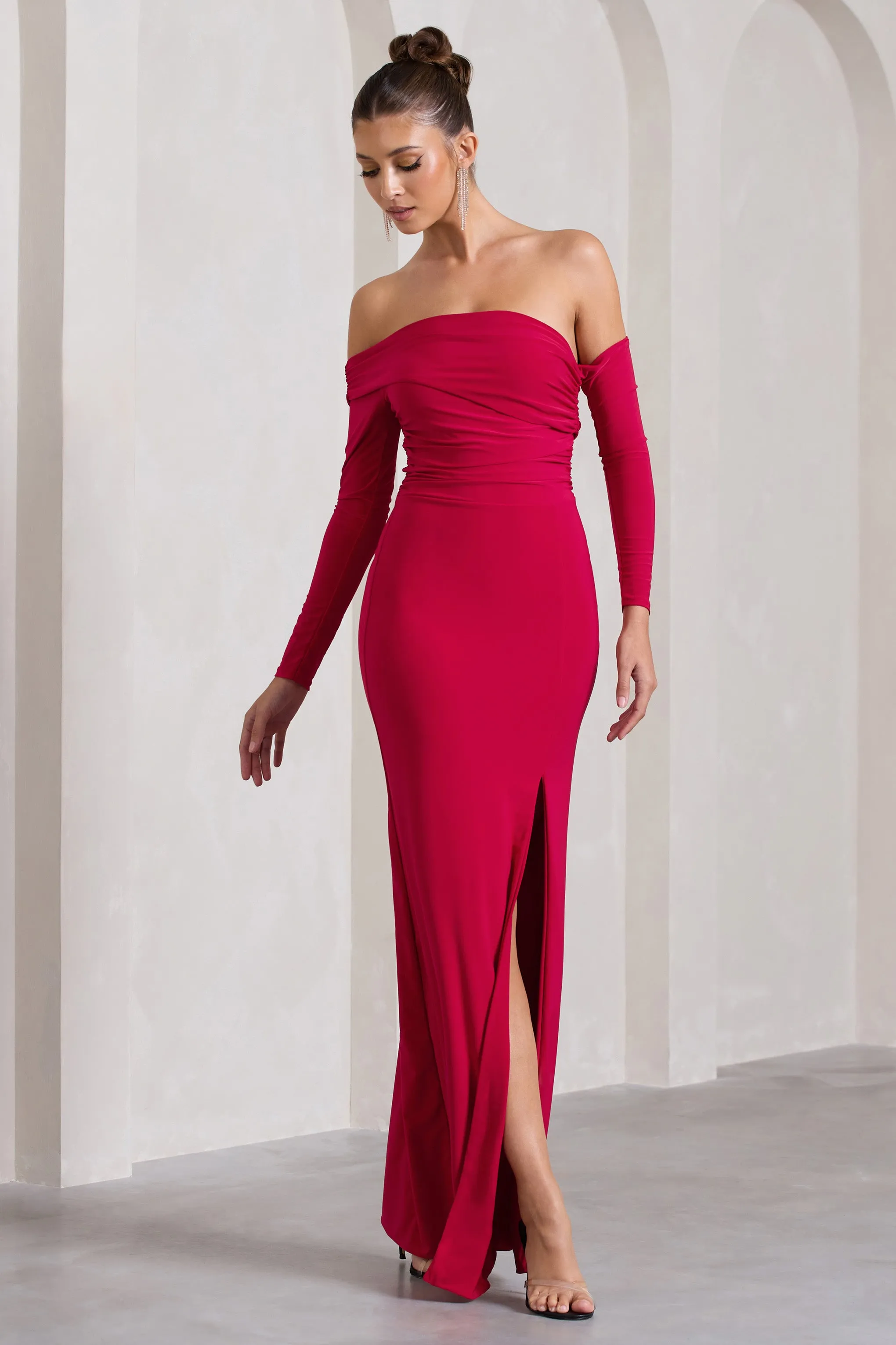 Stand Out | Red Bardot Long Sleeve Ruched Maxi With Side Split Club L London