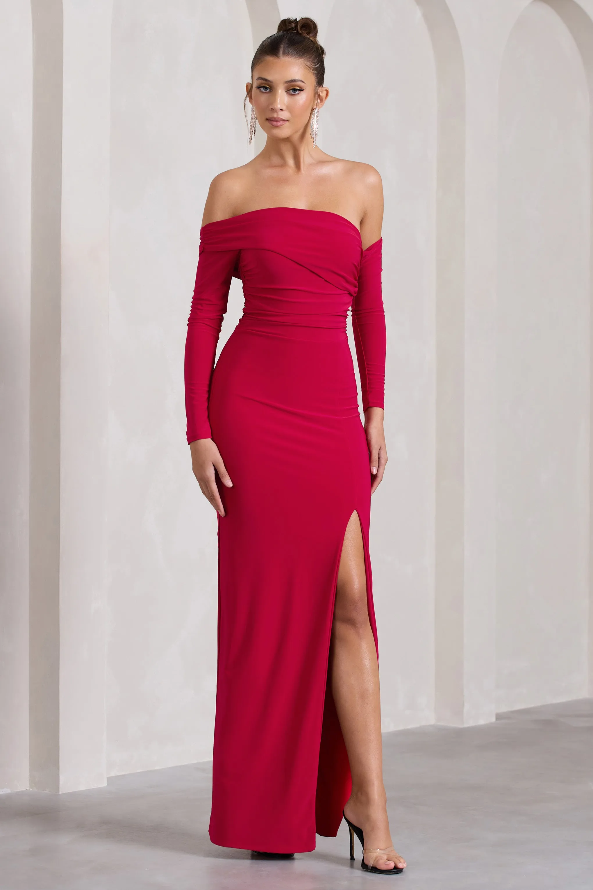 Stand Out | Red Bardot Long Sleeve Ruched Maxi With Side Split Club L London