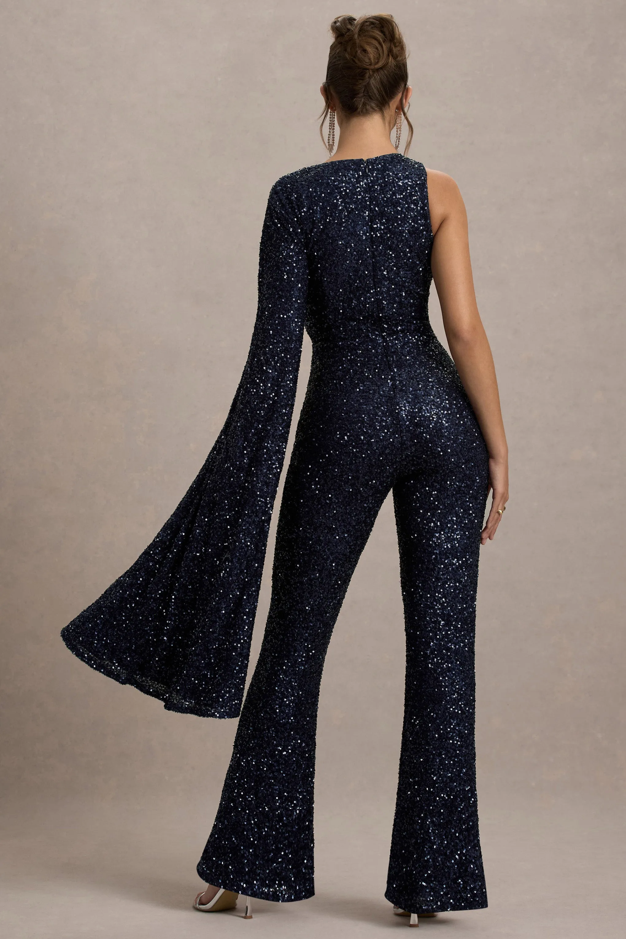 Star Seeker | Navy Sequin One-Shoulder Cape Sleeve Jumpsuit Club L London