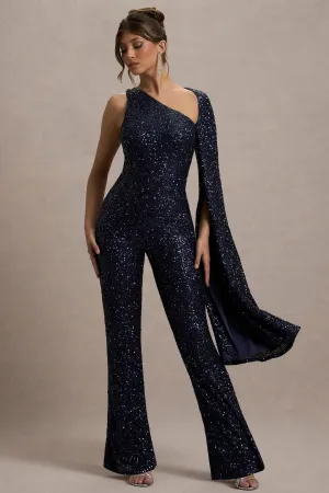Star Seeker | Navy Sequin One-Shoulder Cape Sleeve Jumpsuit Club L London