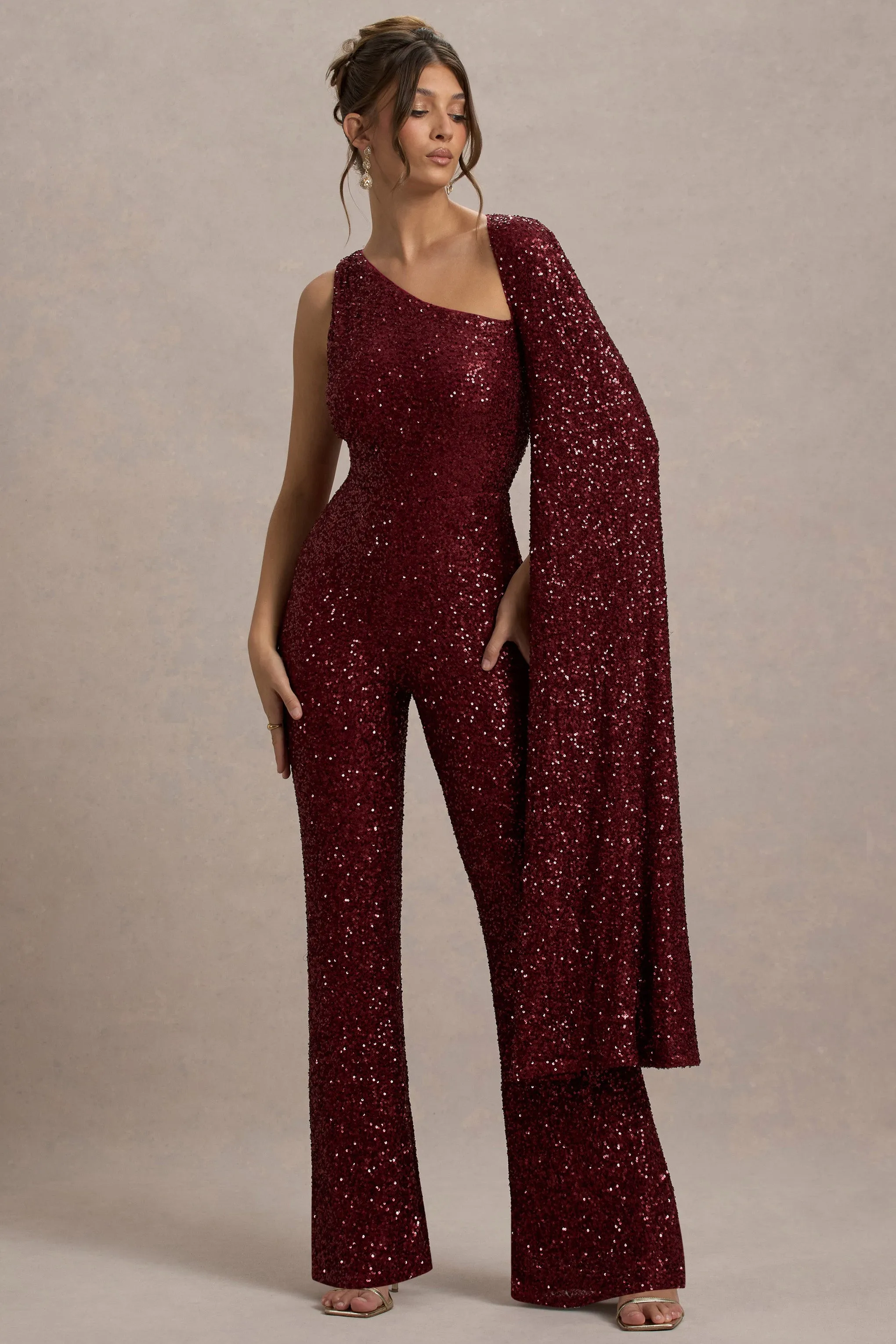 Star Seeker | Port Sequin One-Shoulder Cape Sleeve Jumpsuit Club L London