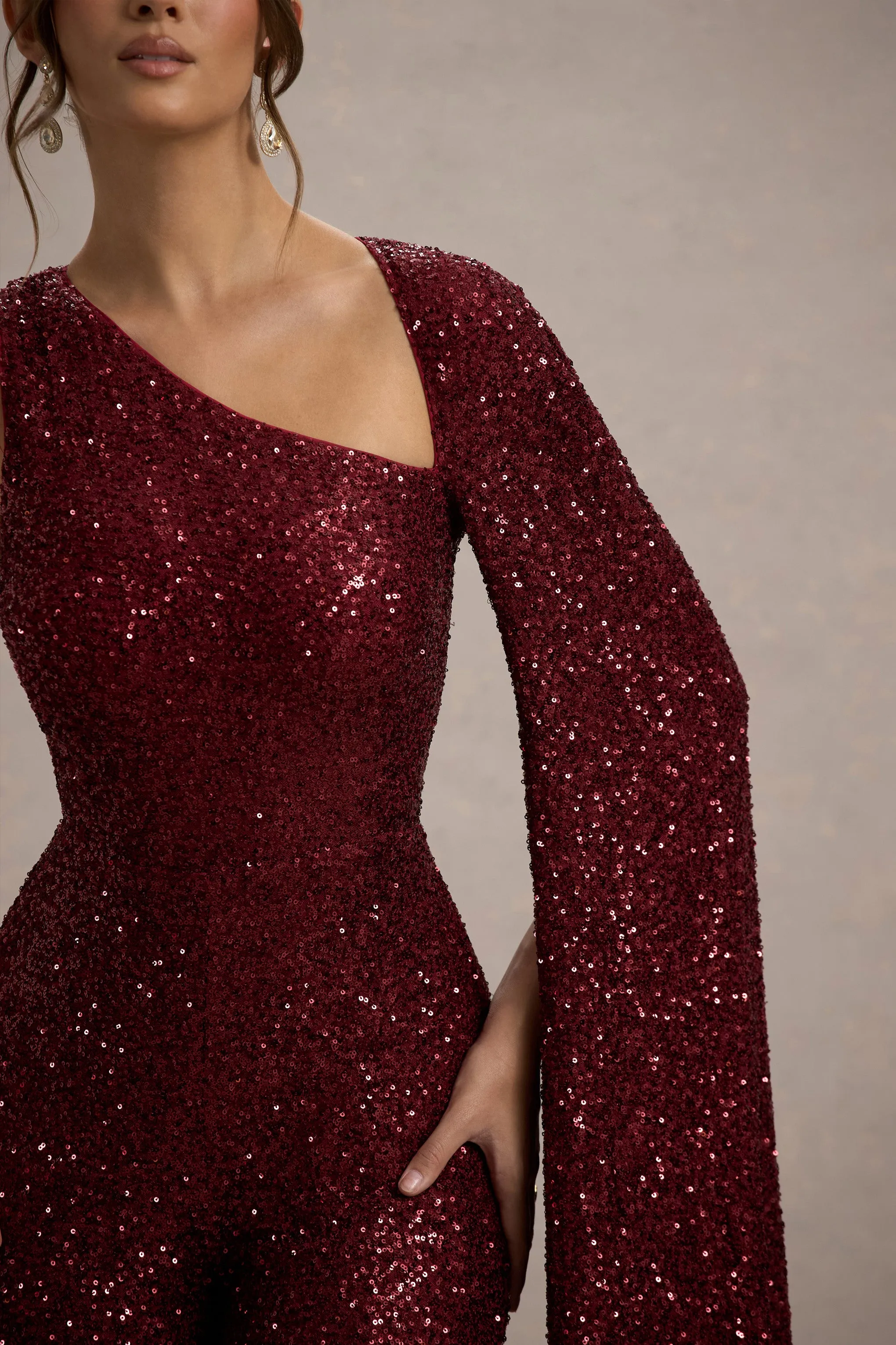 Star Seeker | Port Sequin One-Shoulder Cape Sleeve Jumpsuit Club L London
