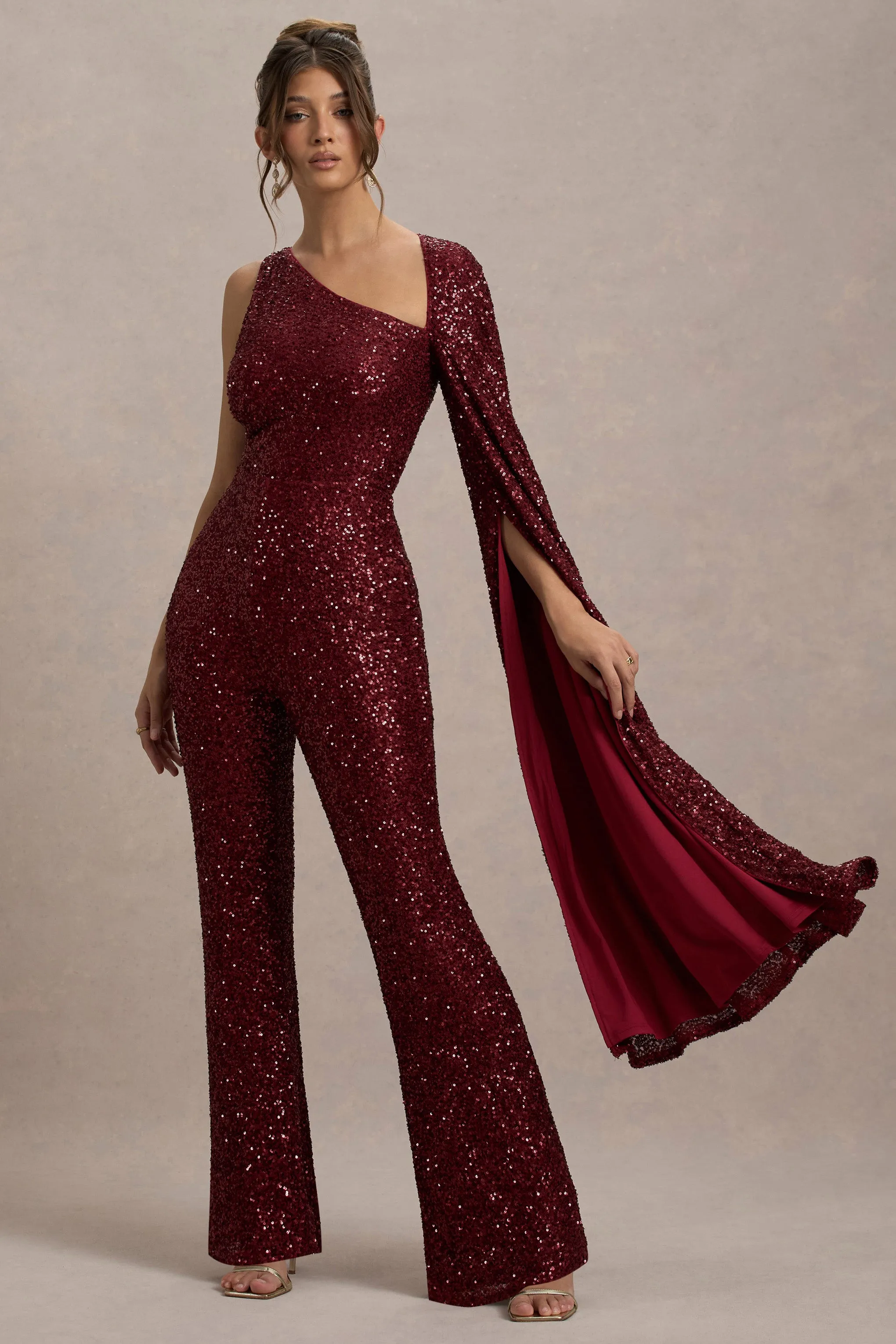 Star Seeker | Port Sequin One-Shoulder Cape Sleeve Jumpsuit Club L London