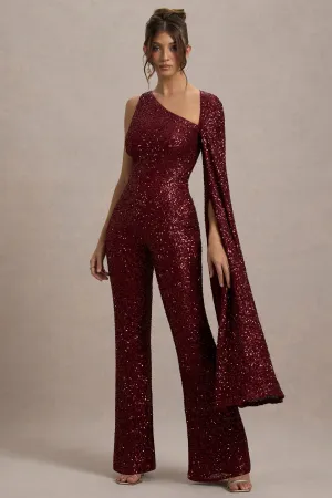 Star Seeker | Port Sequin One-Shoulder Cape Sleeve Jumpsuit Club L London