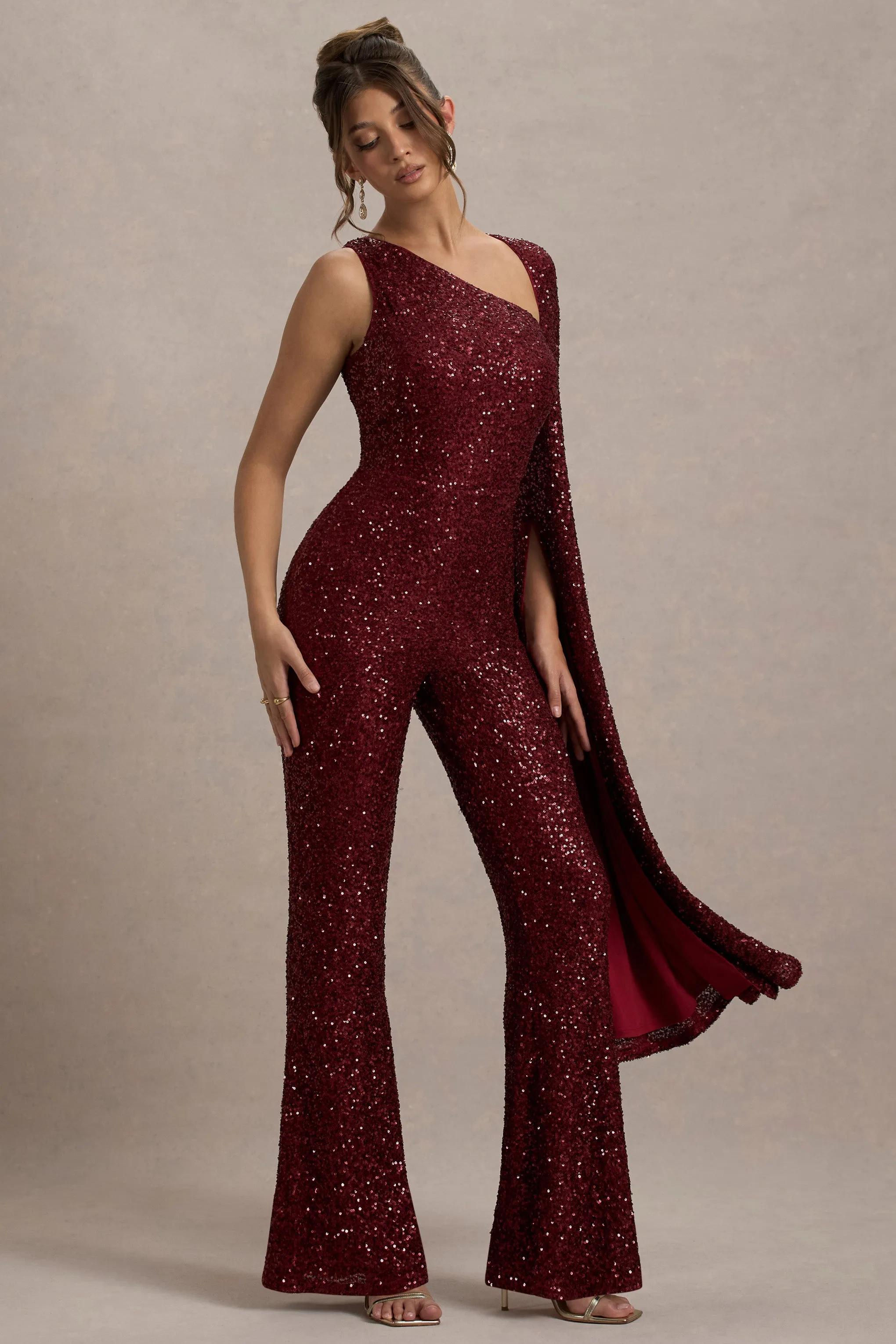 Star Seeker | Port Sequin One-Shoulder Cape Sleeve Jumpsuit Club L London