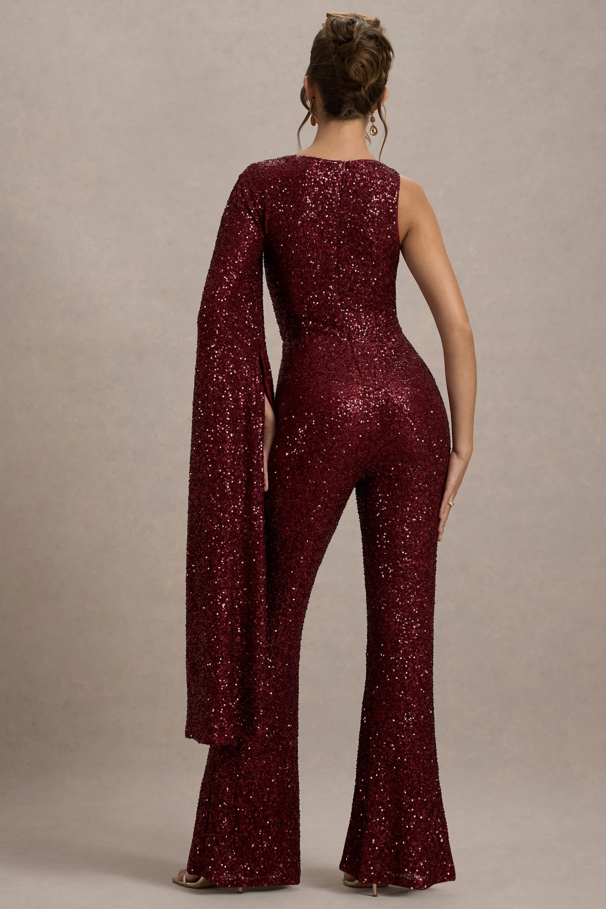 Star Seeker | Port Sequin One-Shoulder Cape Sleeve Jumpsuit Club L London