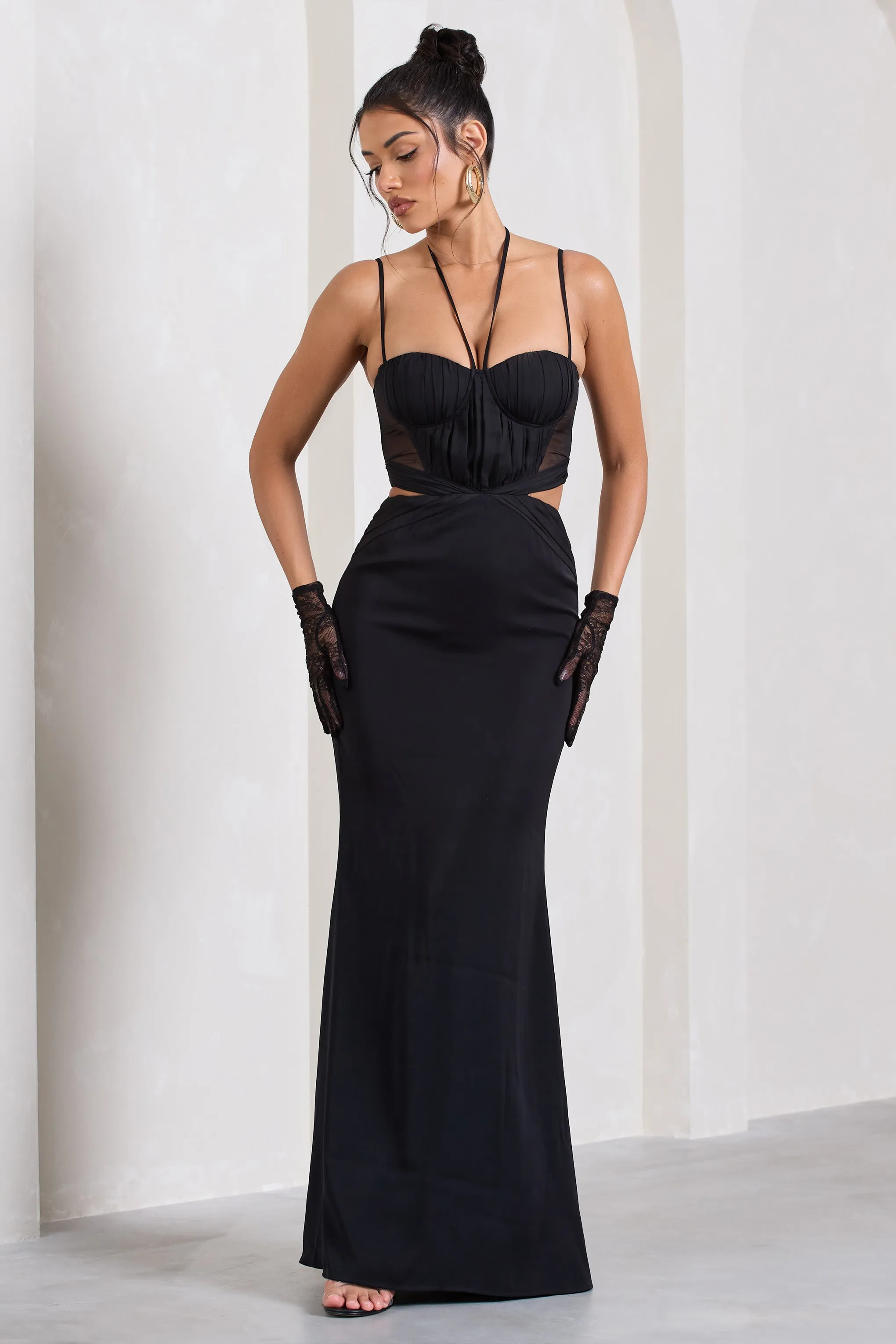 Stardom | Black Chiffon Strappy Sweetheart Cut-Out Maxi Dress Club L London