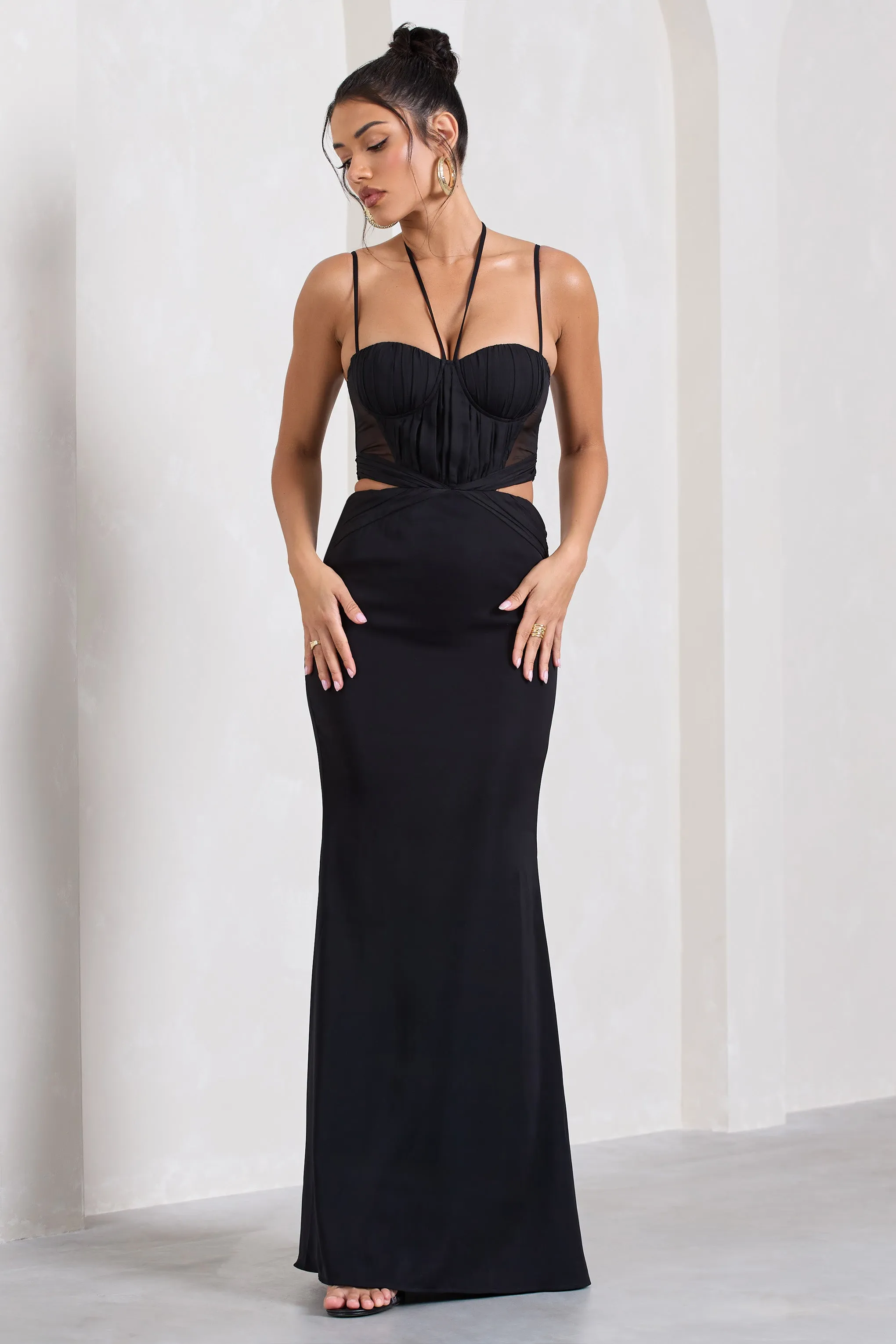 Stardom | Black Chiffon Strappy Sweetheart Cut-Out Maxi Dress Club L London