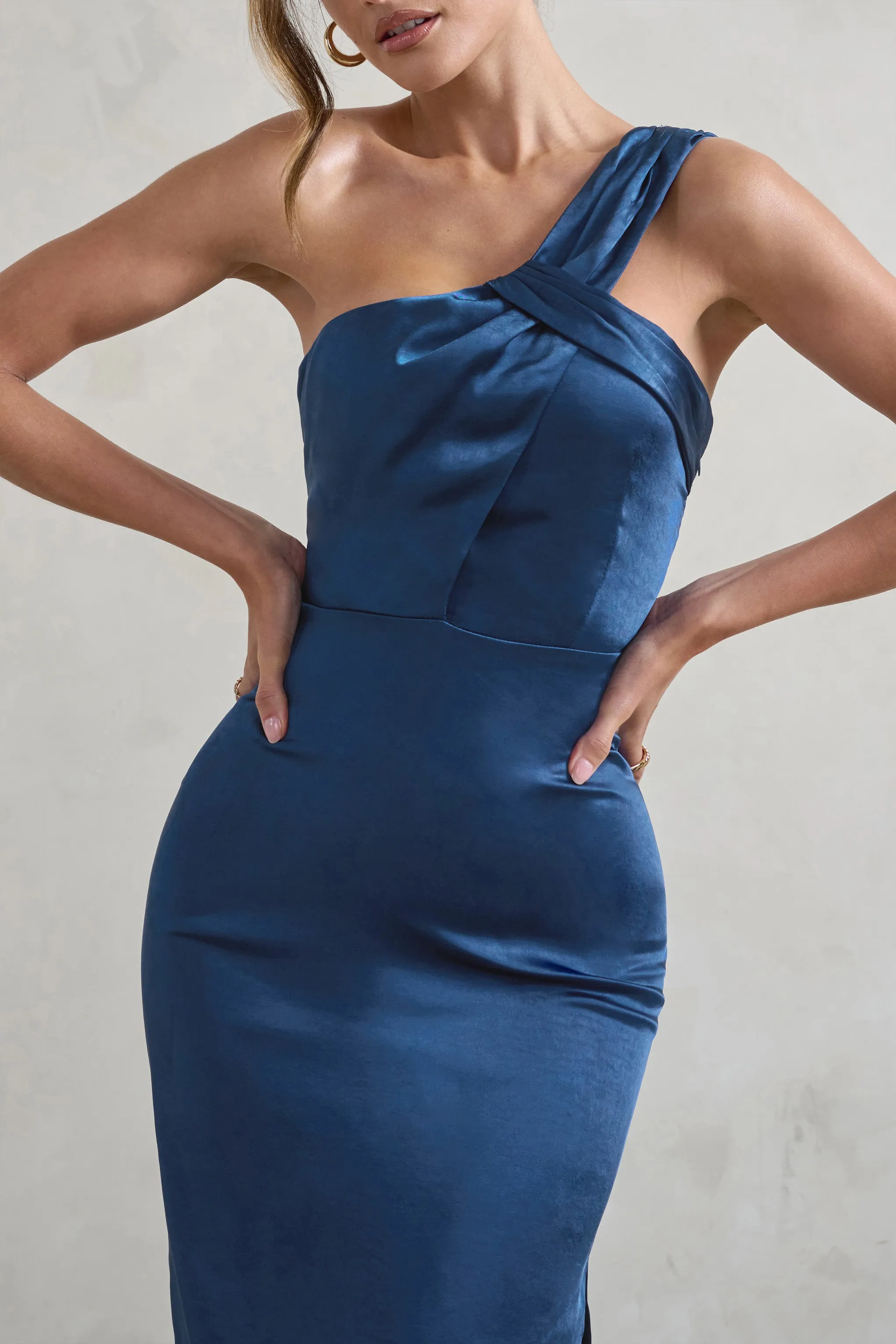 Steffie | Navy Asymmetric Satin Midi Dress Club L London