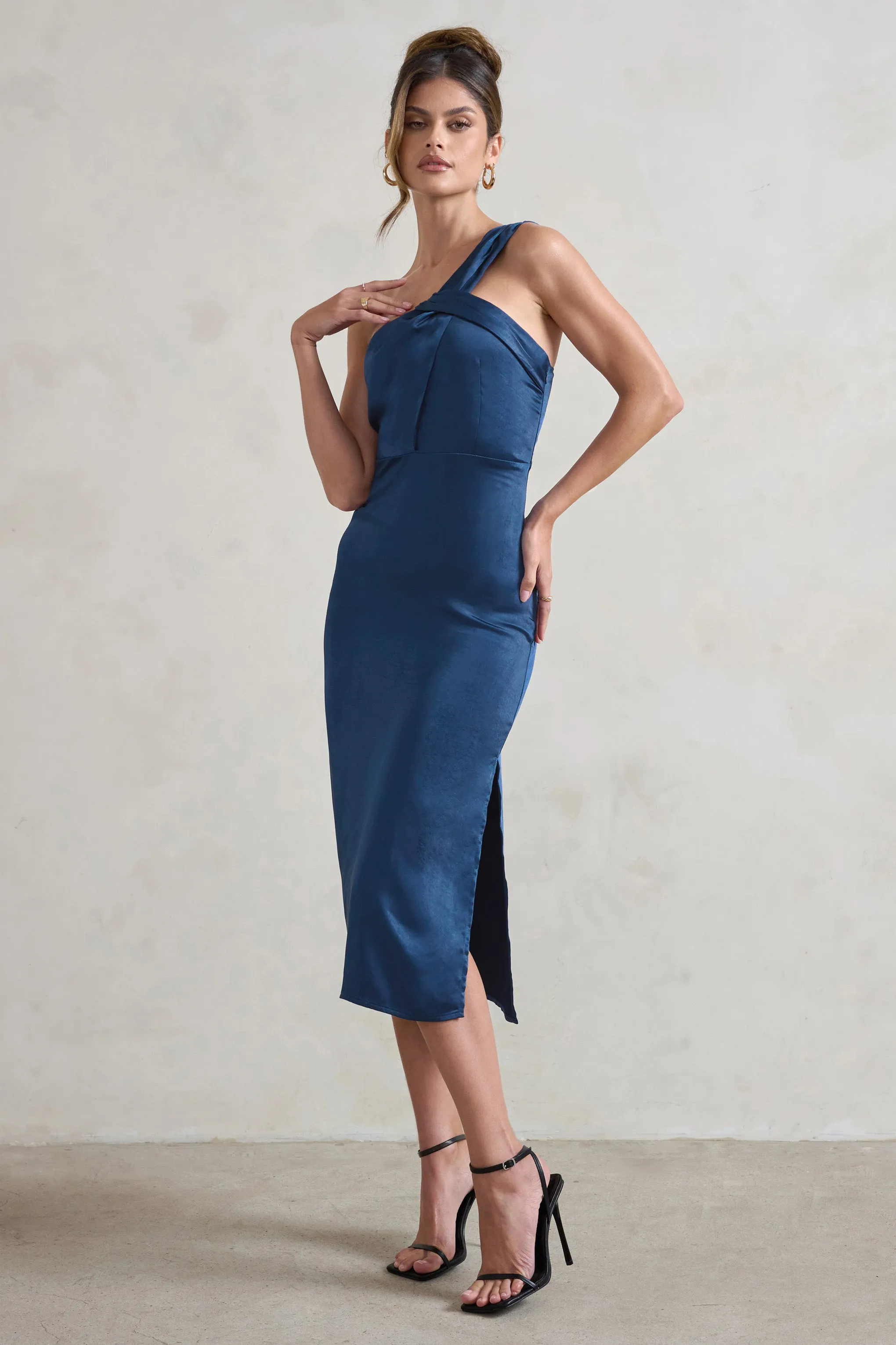 Steffie | Navy Asymmetric Satin Midi Dress Club L London