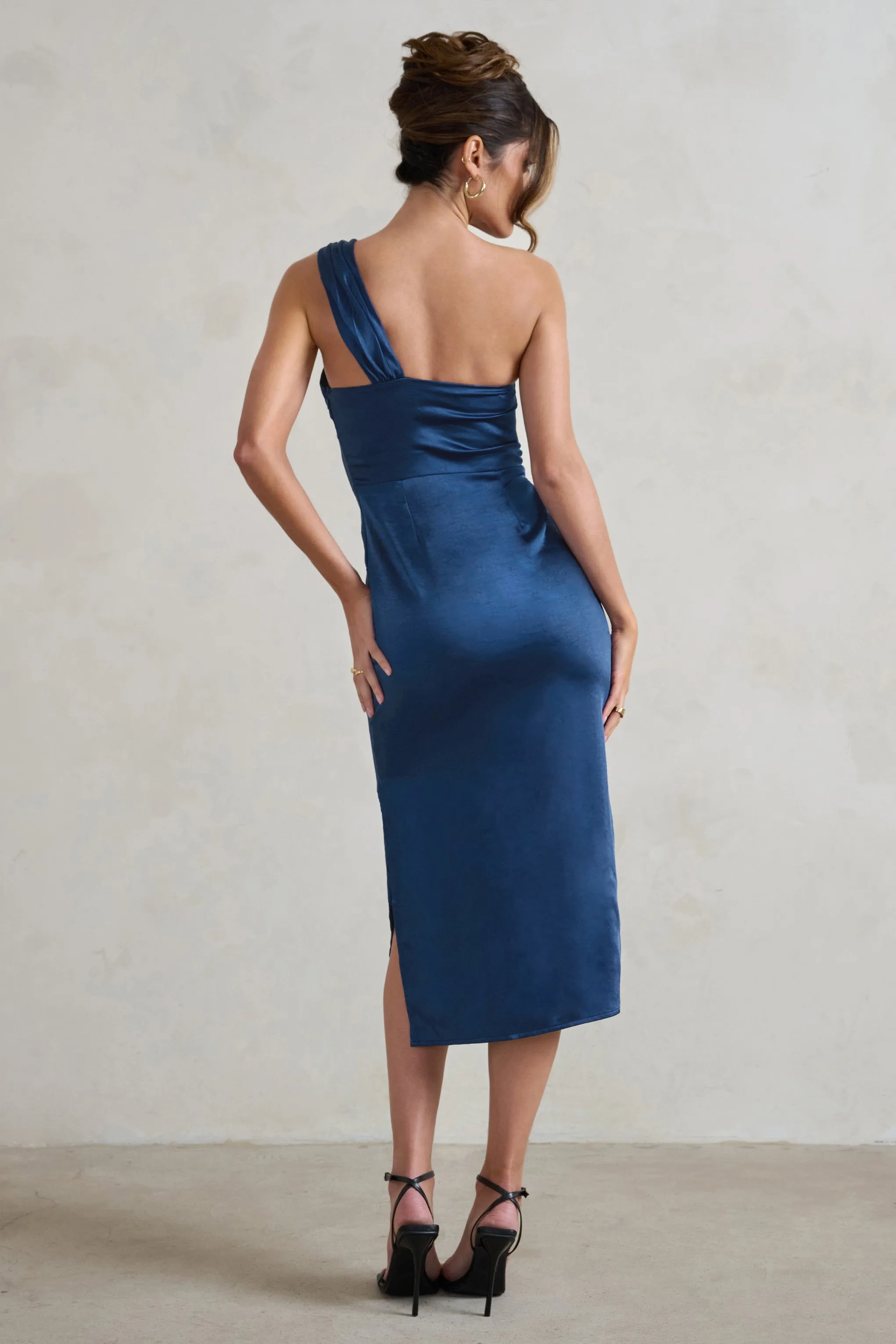 Steffie | Navy Asymmetric Satin Midi Dress Club L London