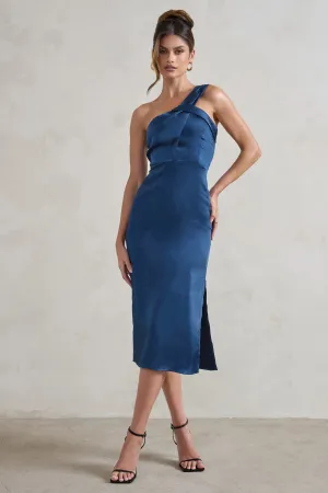 Steffie | Navy Asymmetric Satin Midi Dress Club L London