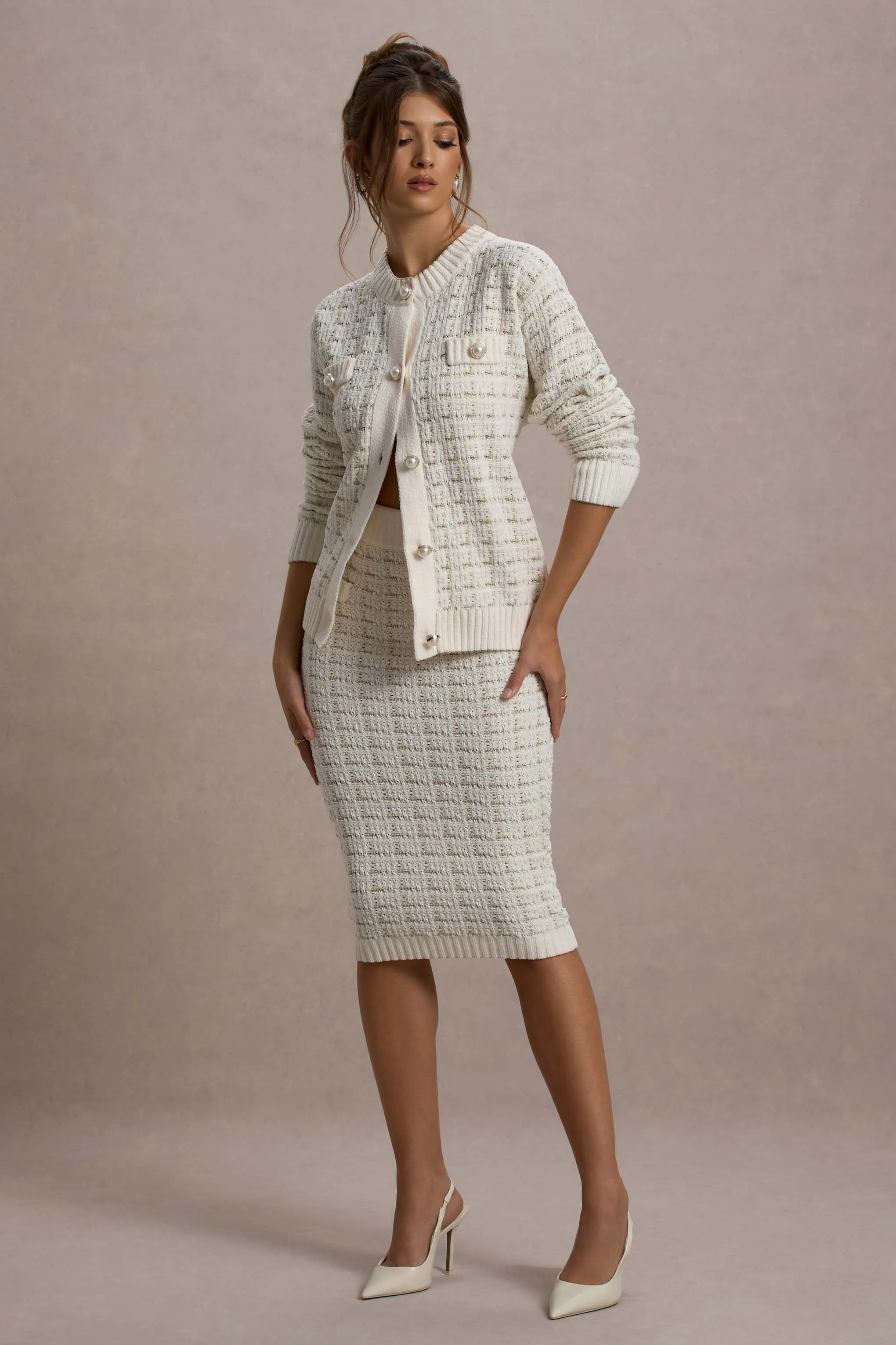 Stellina | Cream Boucle High-Waist Bodycon Midi Skirt Club L London