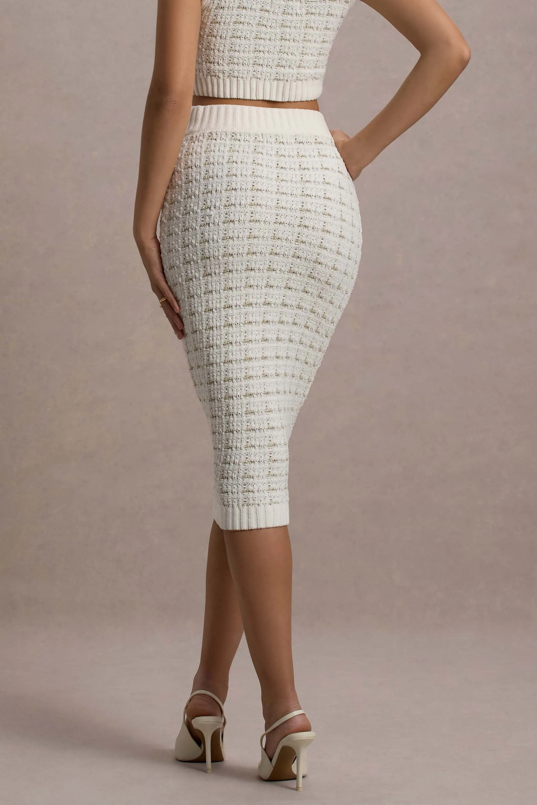 Stellina | Cream Boucle High-Waist Bodycon Midi Skirt Club L London