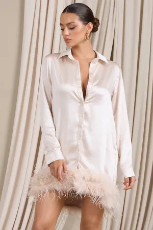 Step It Up | Ivory Satin Shirt Mini Dress With Feather Trim Club L London