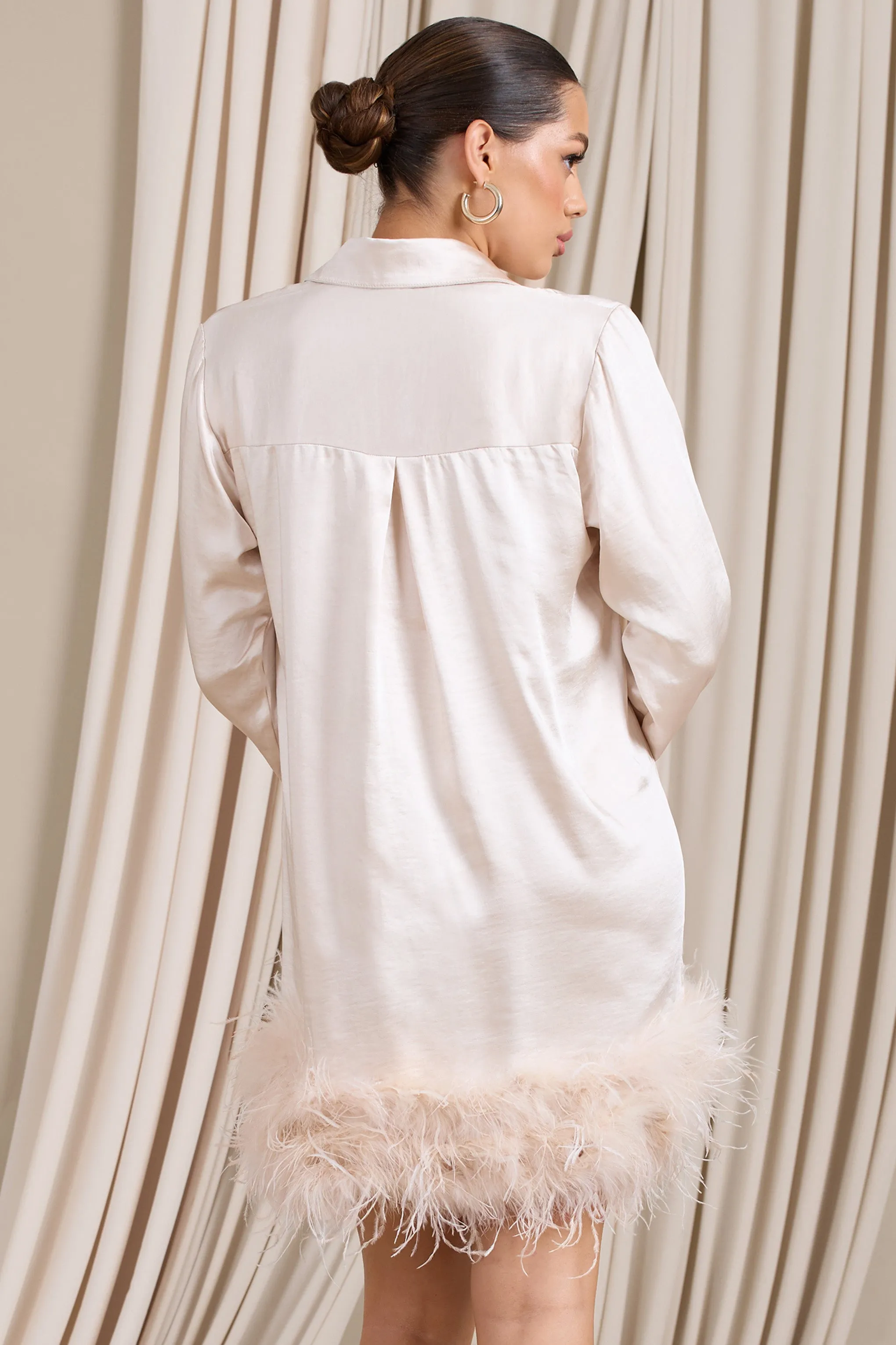 Step It Up | Ivory Satin Shirt Mini Dress With Feather Trim Club L London