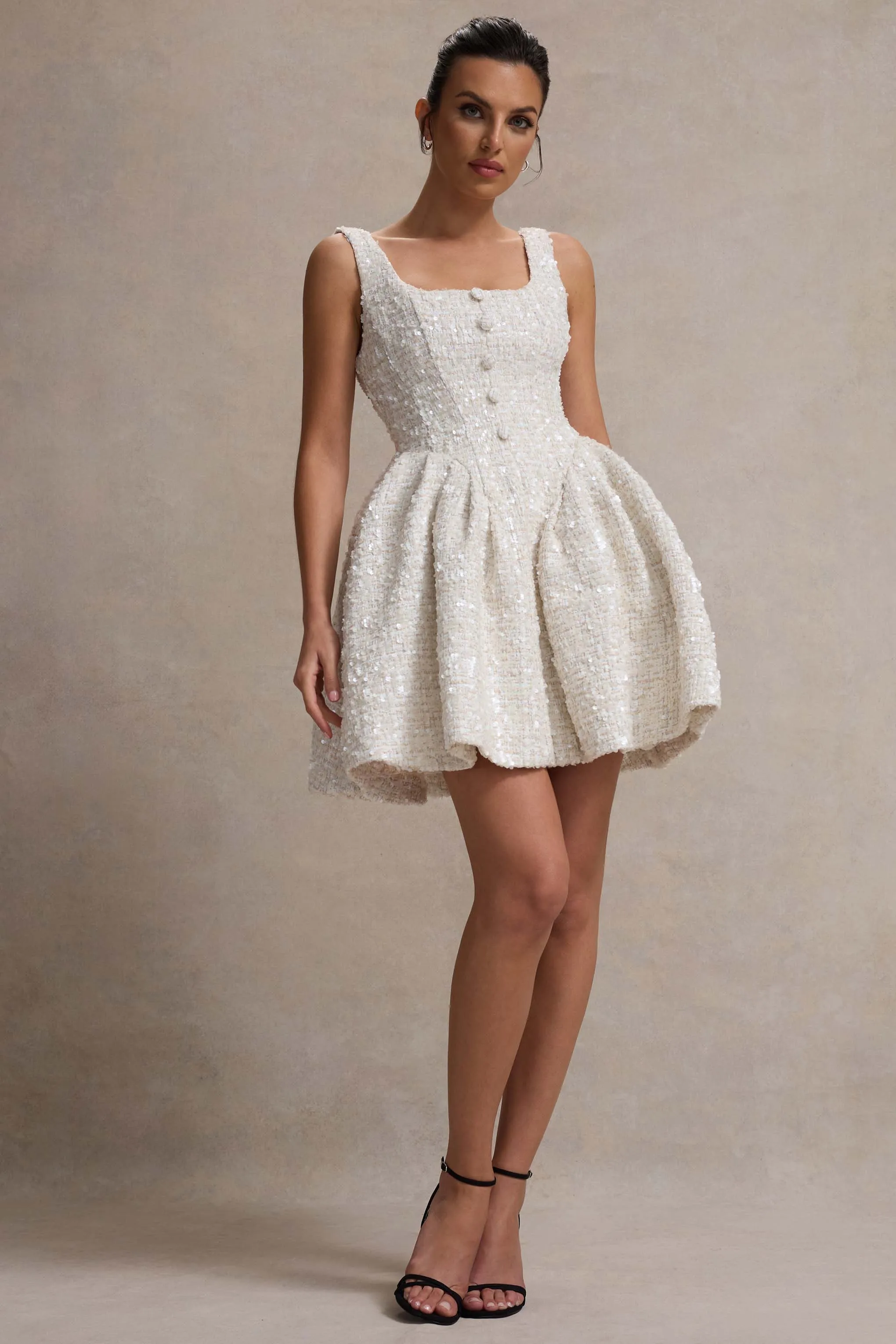 Sugar Plum | Cream Boucle Square-Neck Mini Dress Club L London