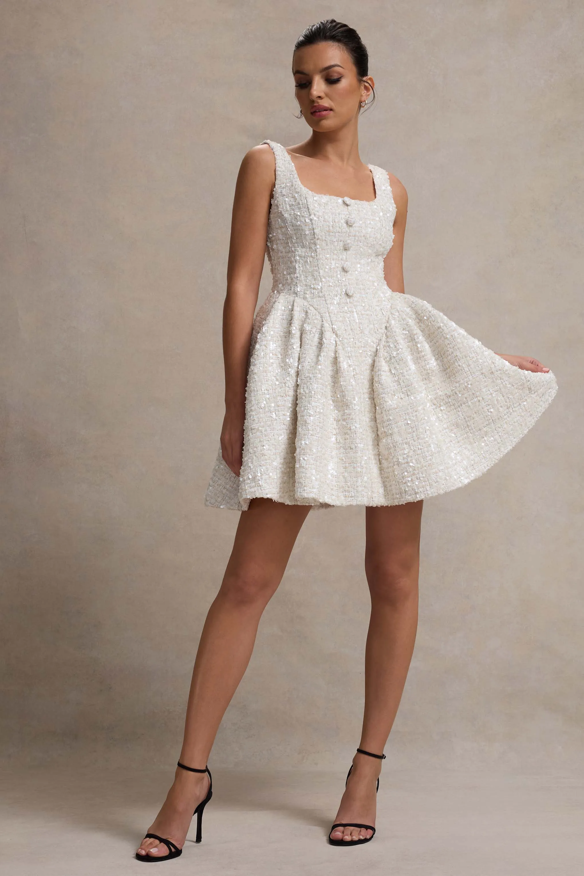 Sugar Plum | Cream Boucle Square-Neck Mini Dress Club L London