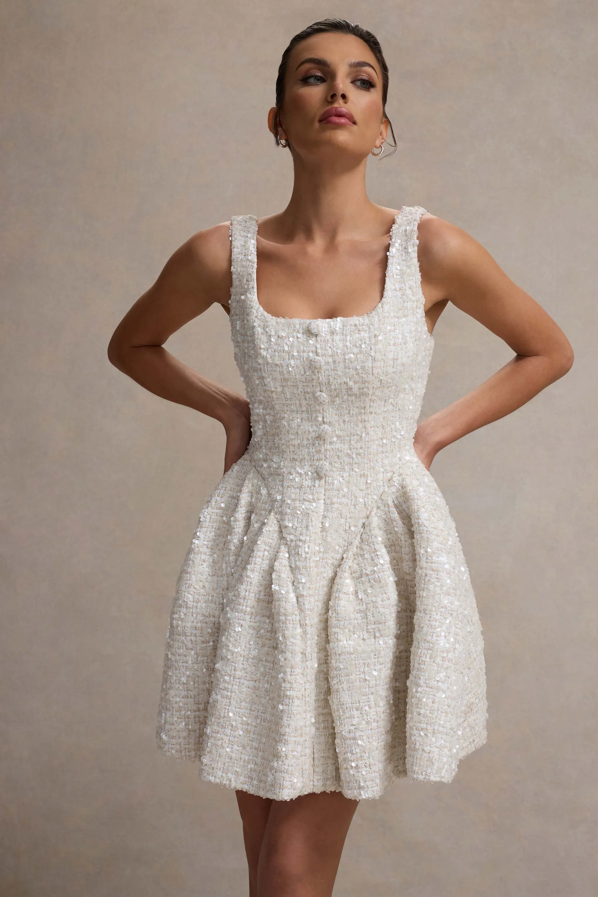 Sugar Plum | Cream Boucle Square-Neck Mini Dress Club L London