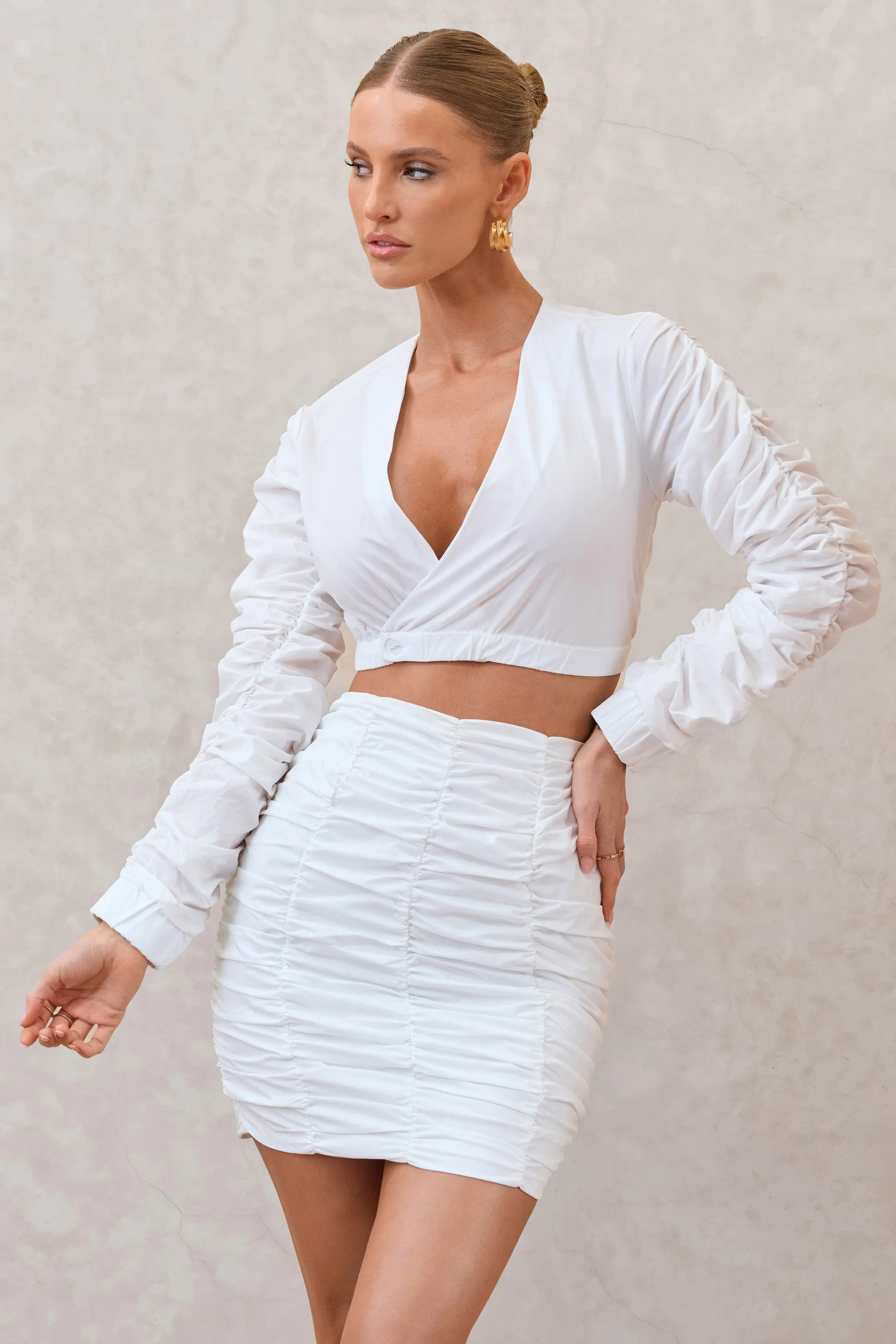 Sundown | White Ruched Sleeve Wrap Detail Cropped Shirt Club L London