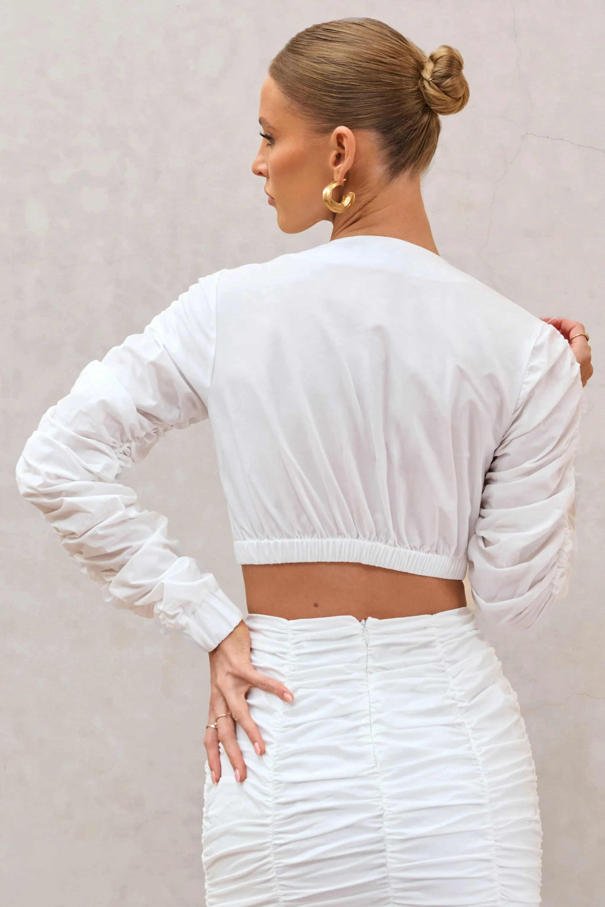 Sundown | White Ruched Sleeve Wrap Detail Cropped Shirt Club L London