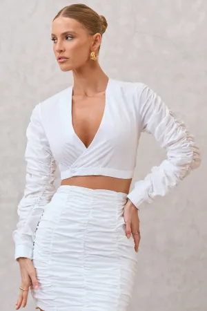 Sundown | White Ruched Sleeve Wrap Detail Cropped Shirt Club L London
