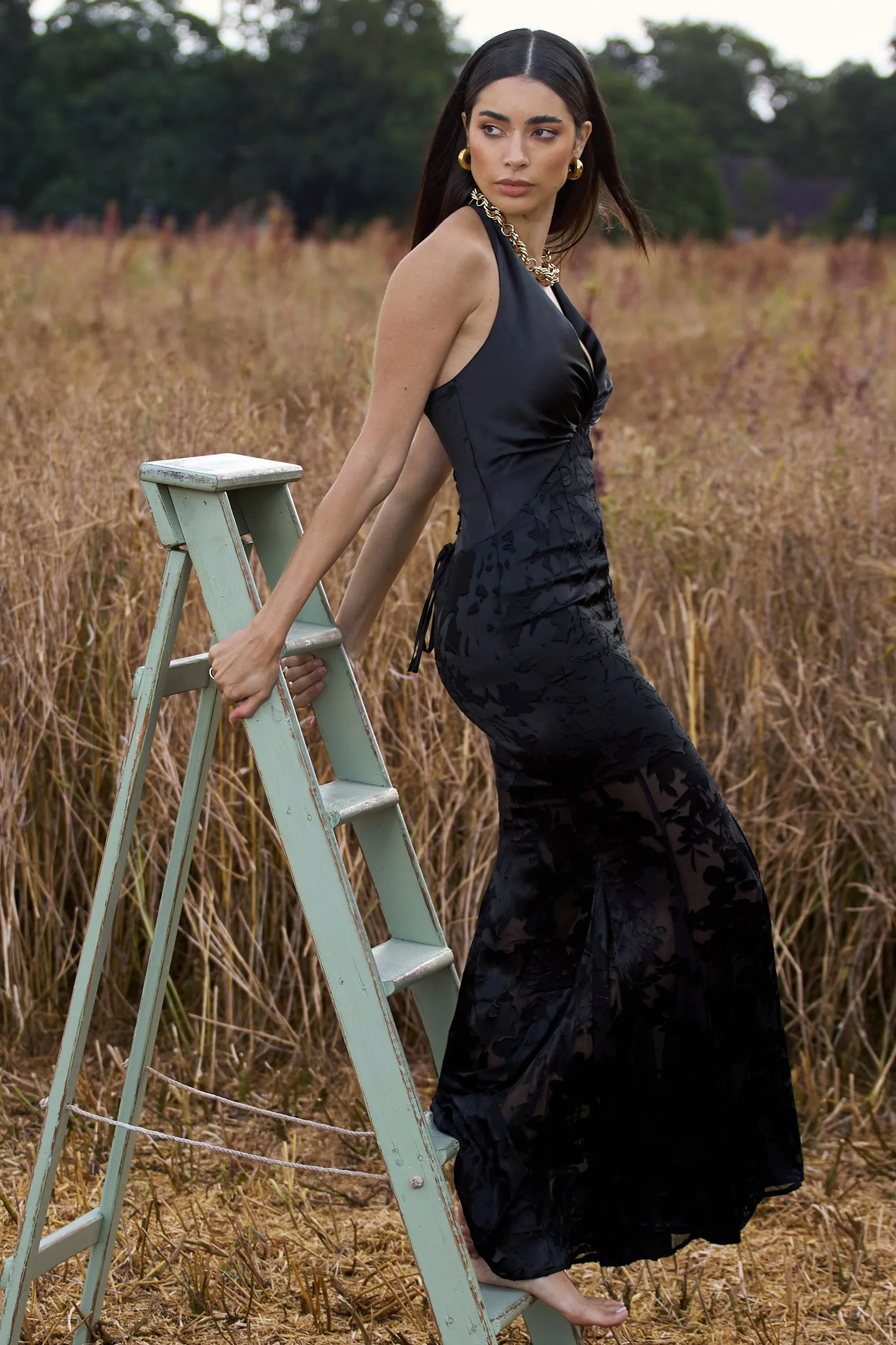 Sunset Tales | Black Satin Devore Plunge-Neck Maxi Dress Club L London