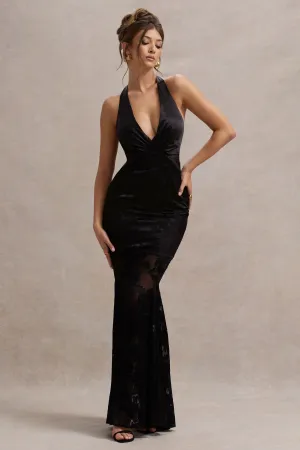 Sunset Tales | Black Satin Devore Plunge-Neck Maxi Dress Club L London