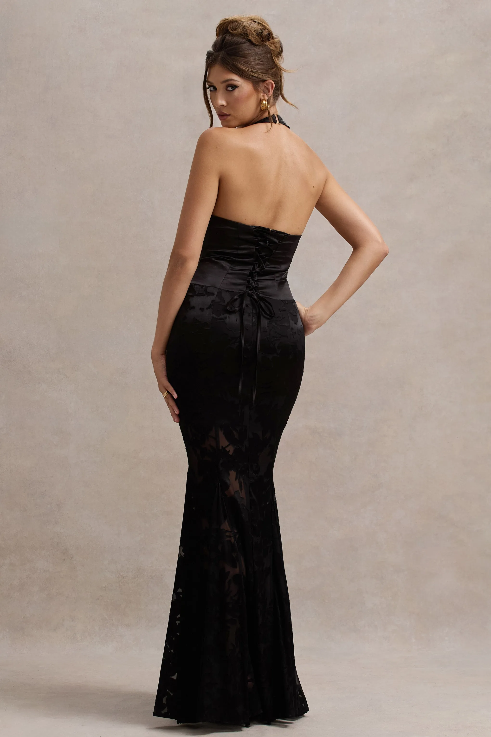Sunset Tales | Black Satin Devore Plunge-Neck Maxi Dress Club L London