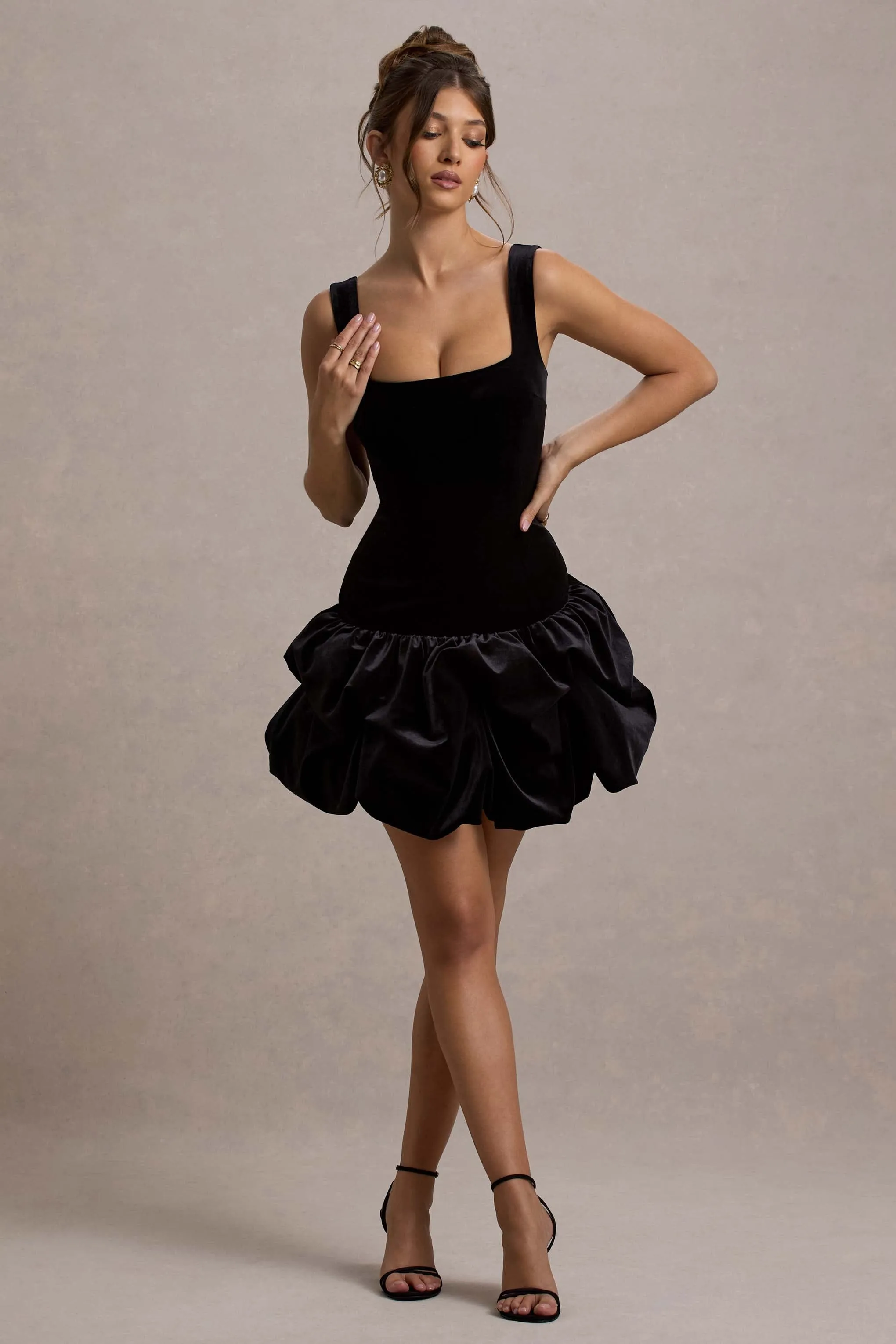 Sutton | Black Velvet Square-Neck Ruffle-Hem Mini Dress Club L London