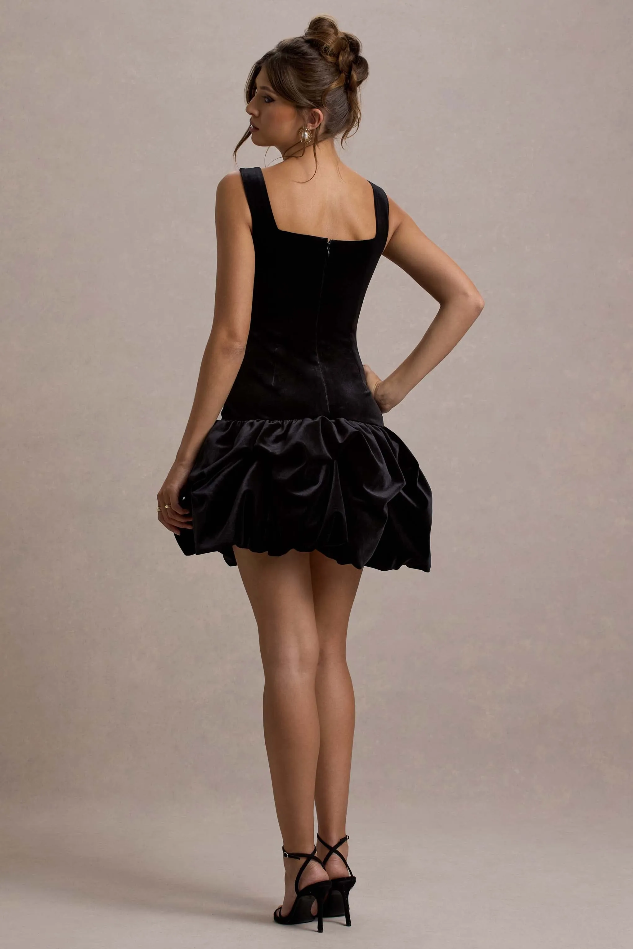 Sutton | Black Velvet Square-Neck Ruffle-Hem Mini Dress Club L London