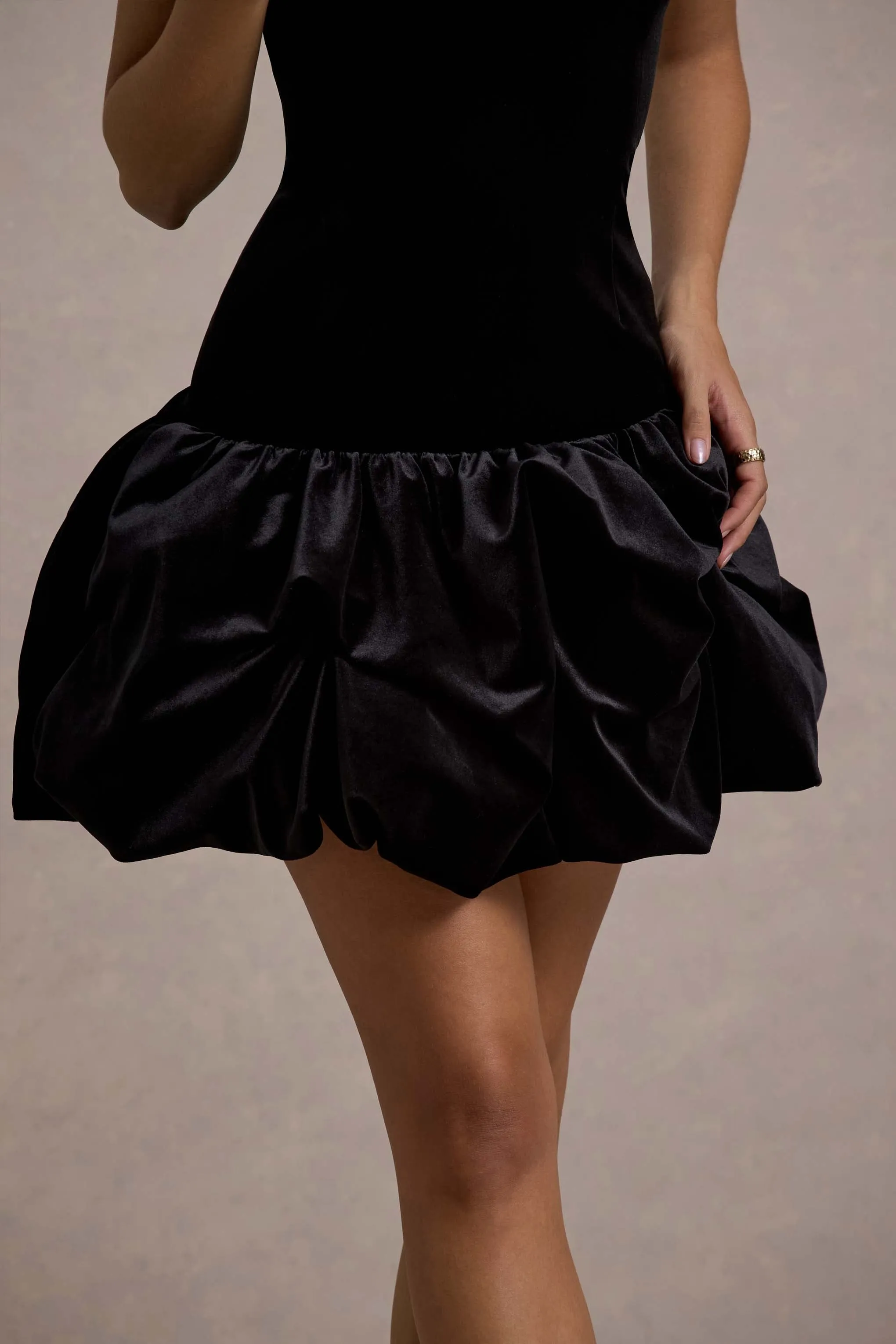 Sutton | Black Velvet Square-Neck Ruffle-Hem Mini Dress Club L London