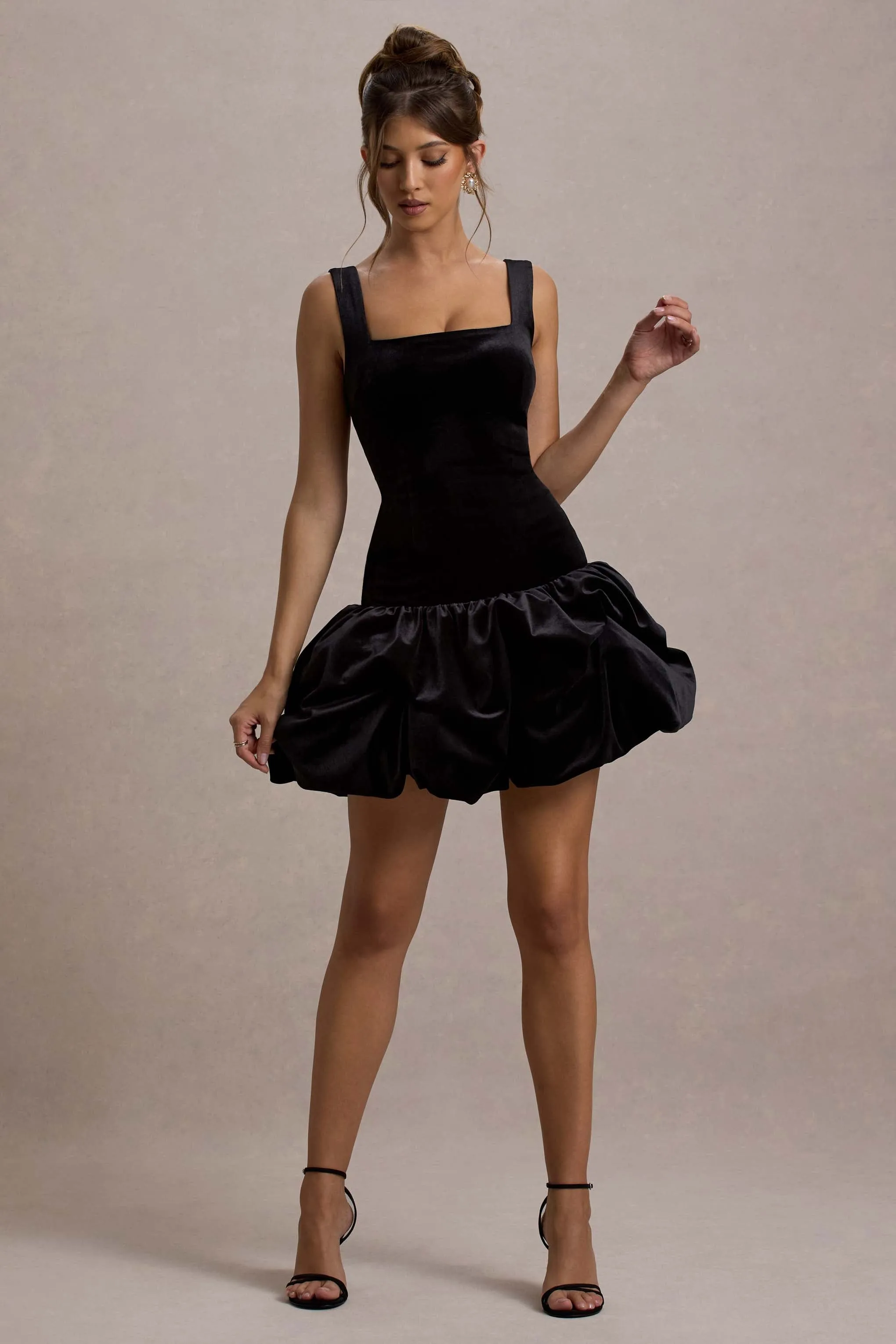 Sutton | Black Velvet Square-Neck Ruffle-Hem Mini Dress Club L London