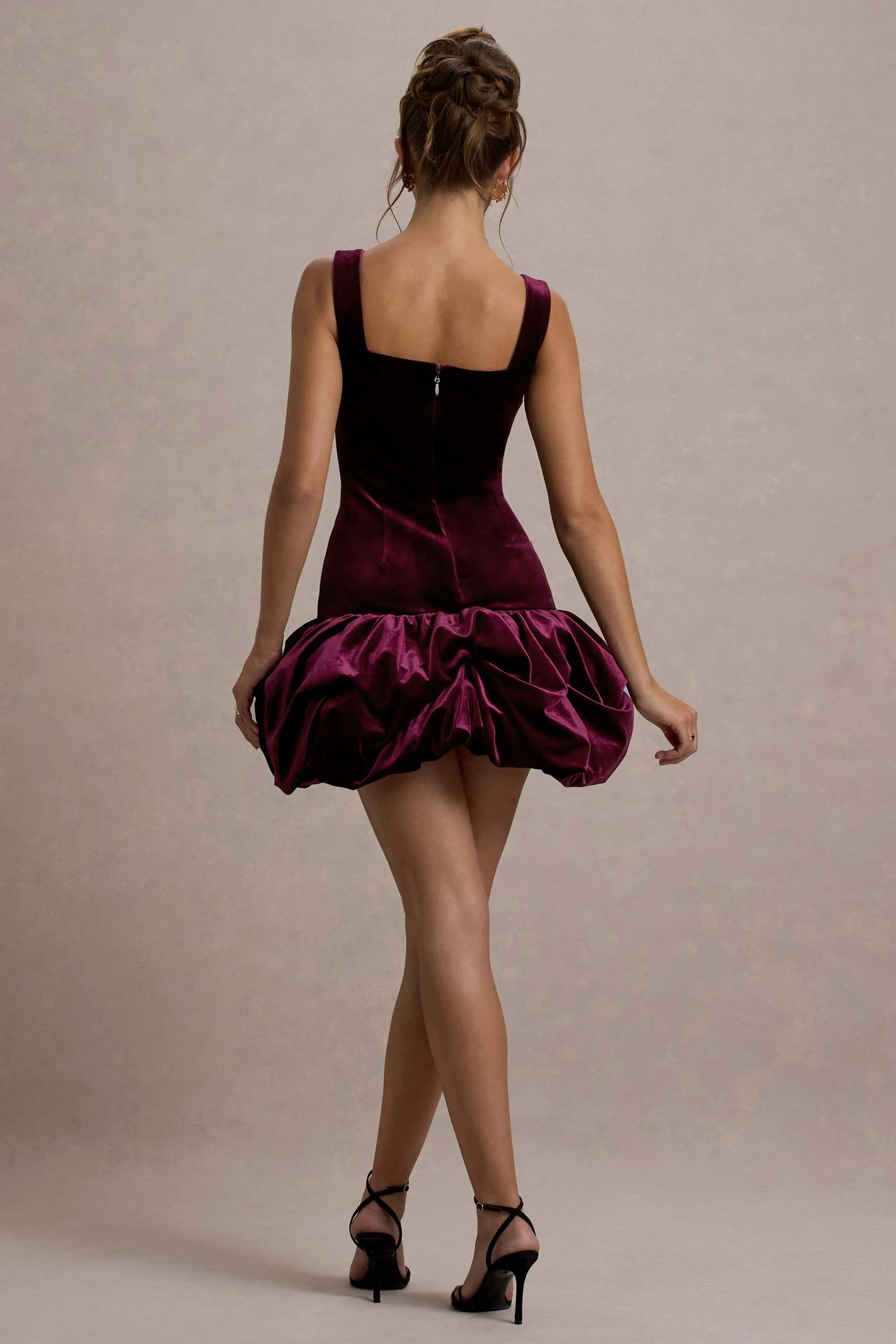 Sutton | Port Velvet Square-Neck Ruffle-Hem Mini Dress Club L London