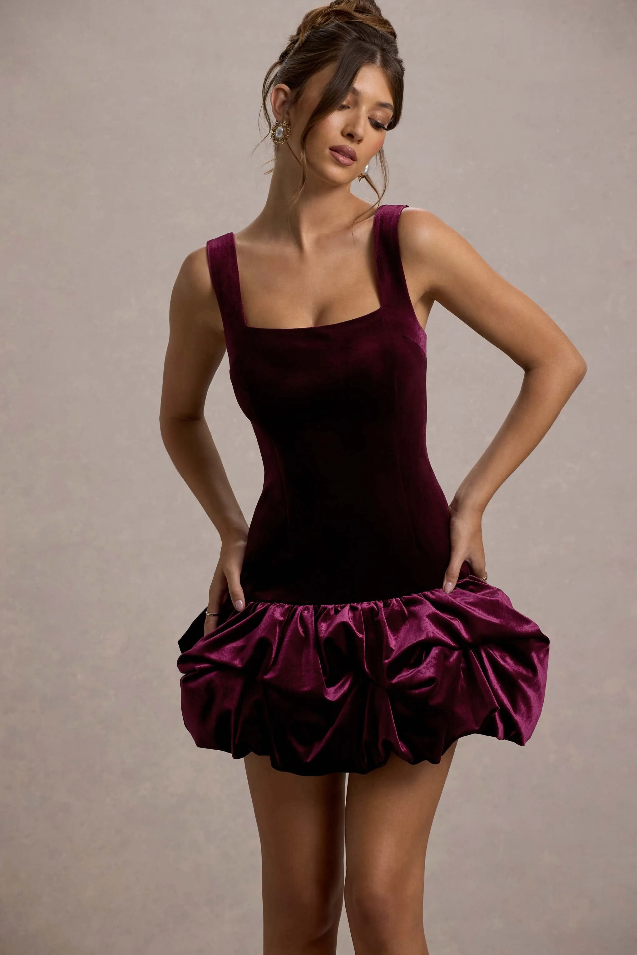 Sutton | Port Velvet Square-Neck Ruffle-Hem Mini Dress Club L London