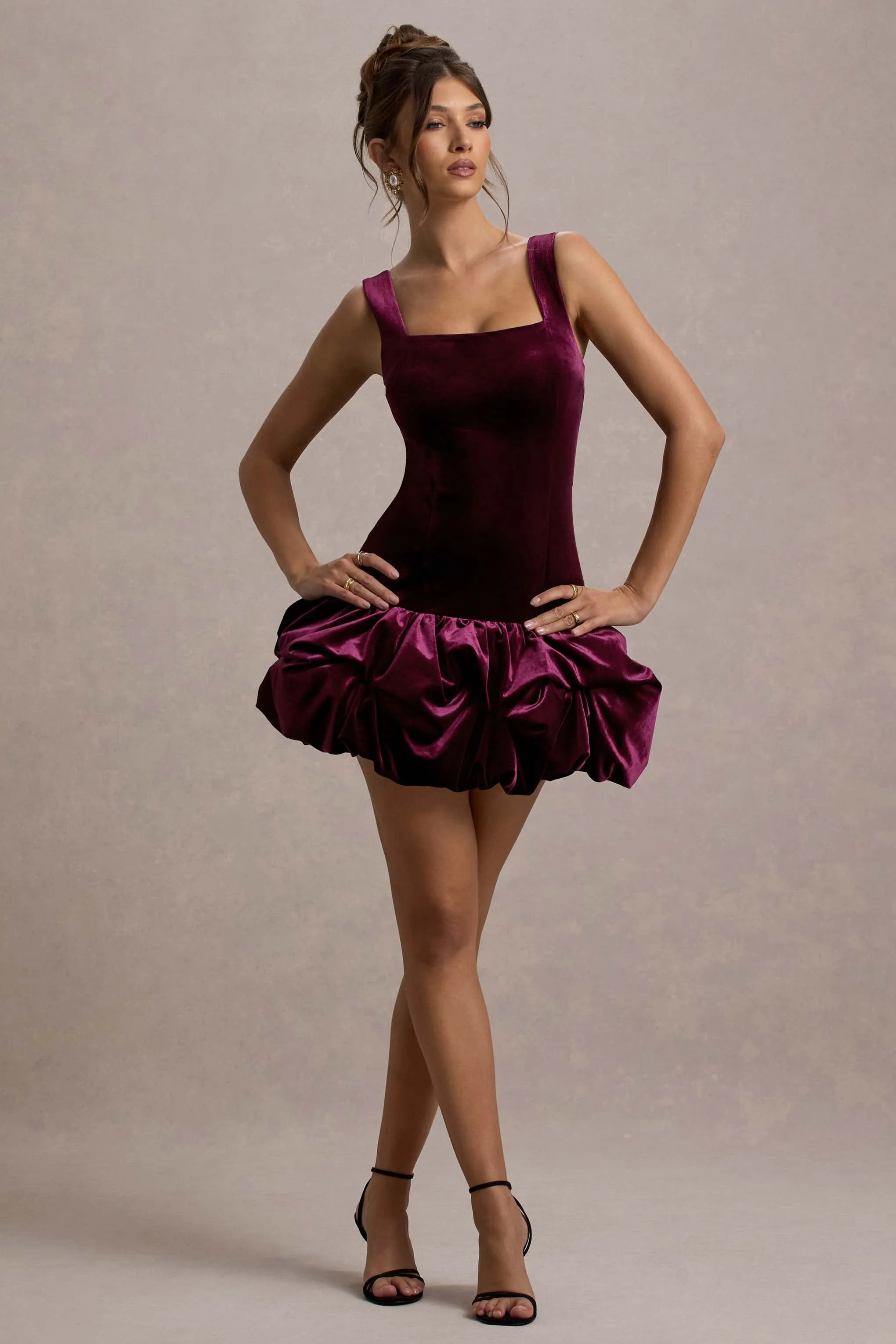 Sutton | Port Velvet Square-Neck Ruffle-Hem Mini Dress Club L London
