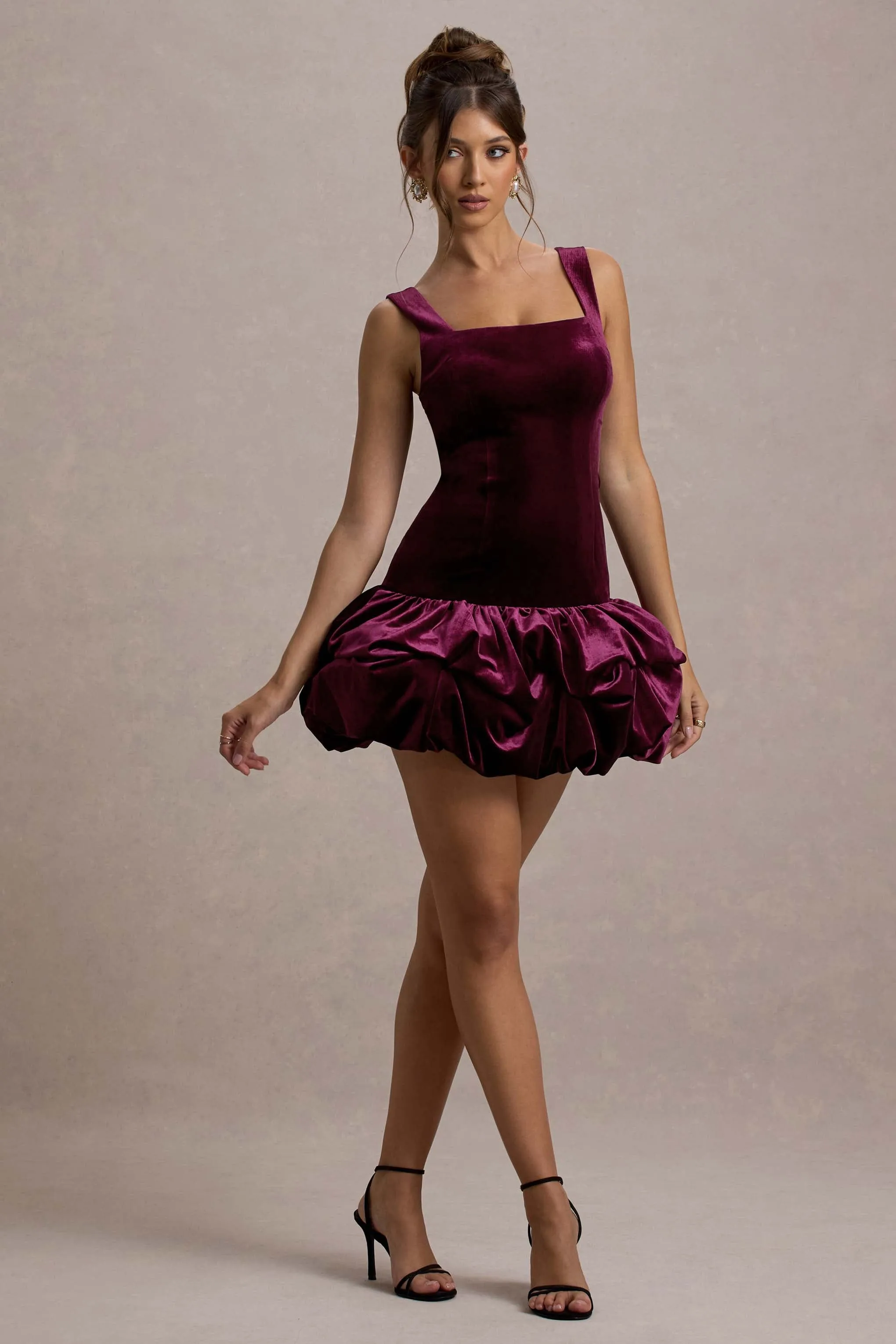 Sutton | Port Velvet Square-Neck Ruffle-Hem Mini Dress Club L London