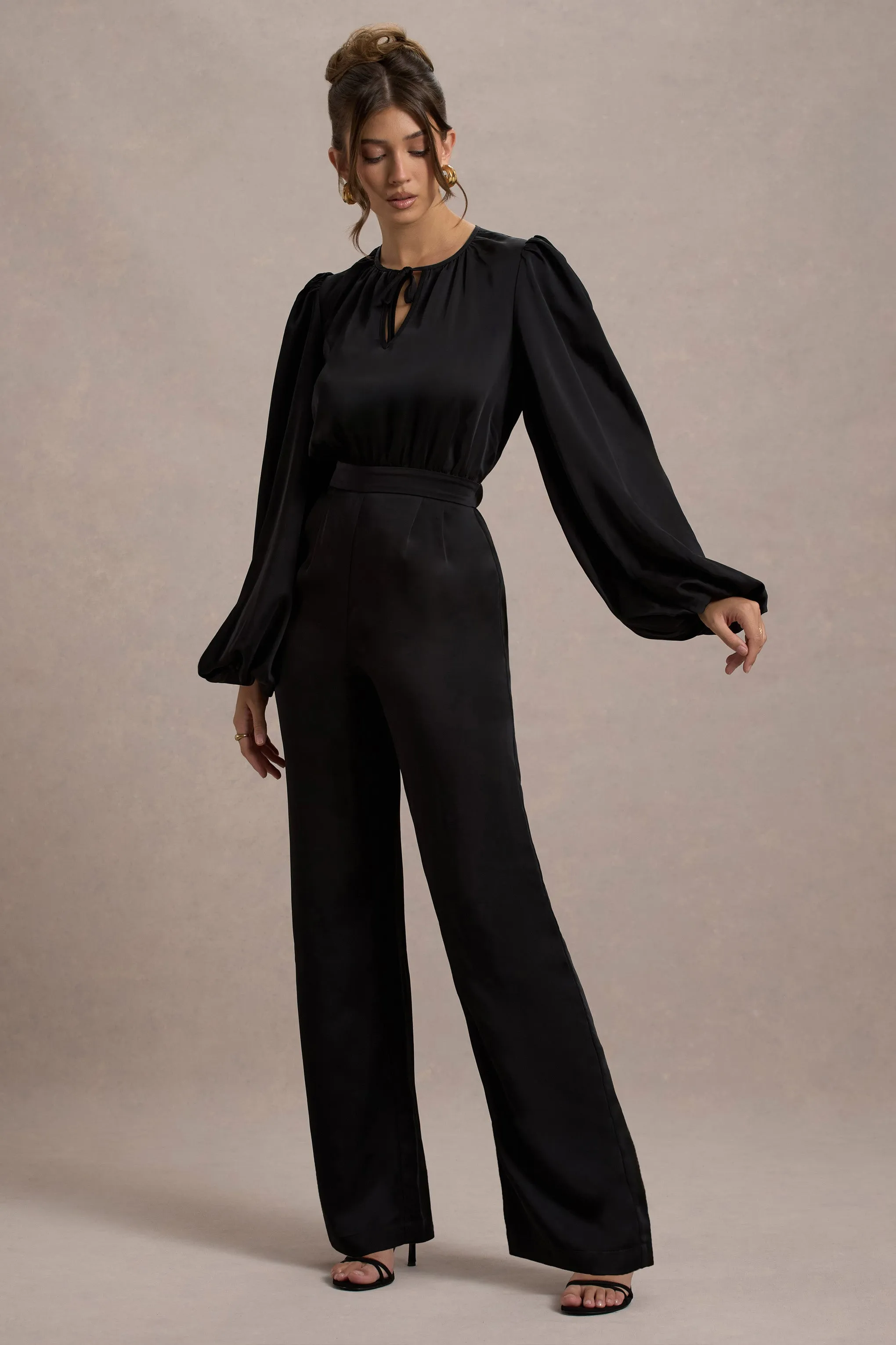Suzanna | Black Satin Puff-Sleeve Wide-Leg Jumpsuit Club L London