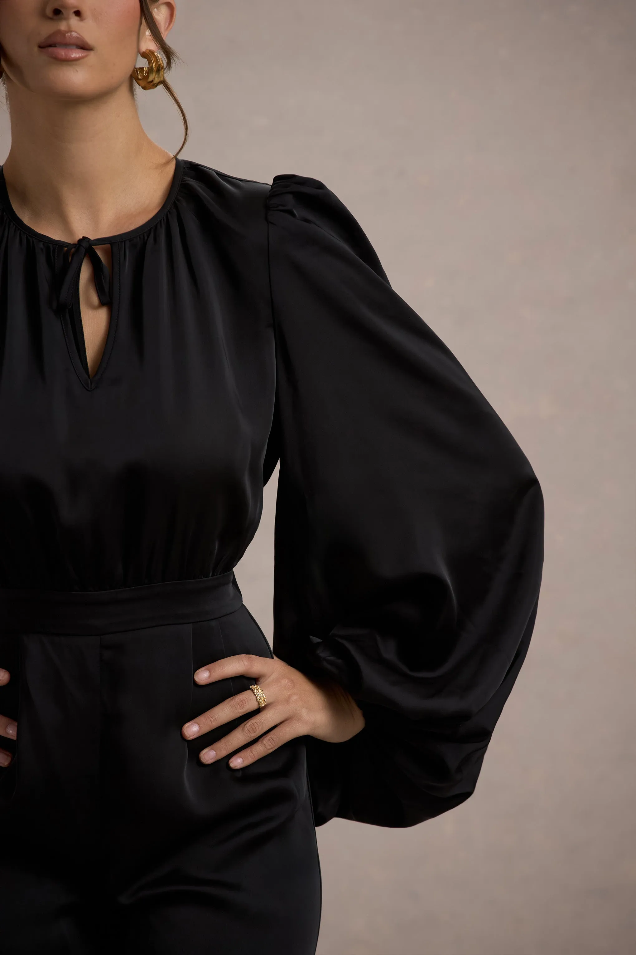 Suzanna | Black Satin Puff-Sleeve Wide-Leg Jumpsuit Club L London