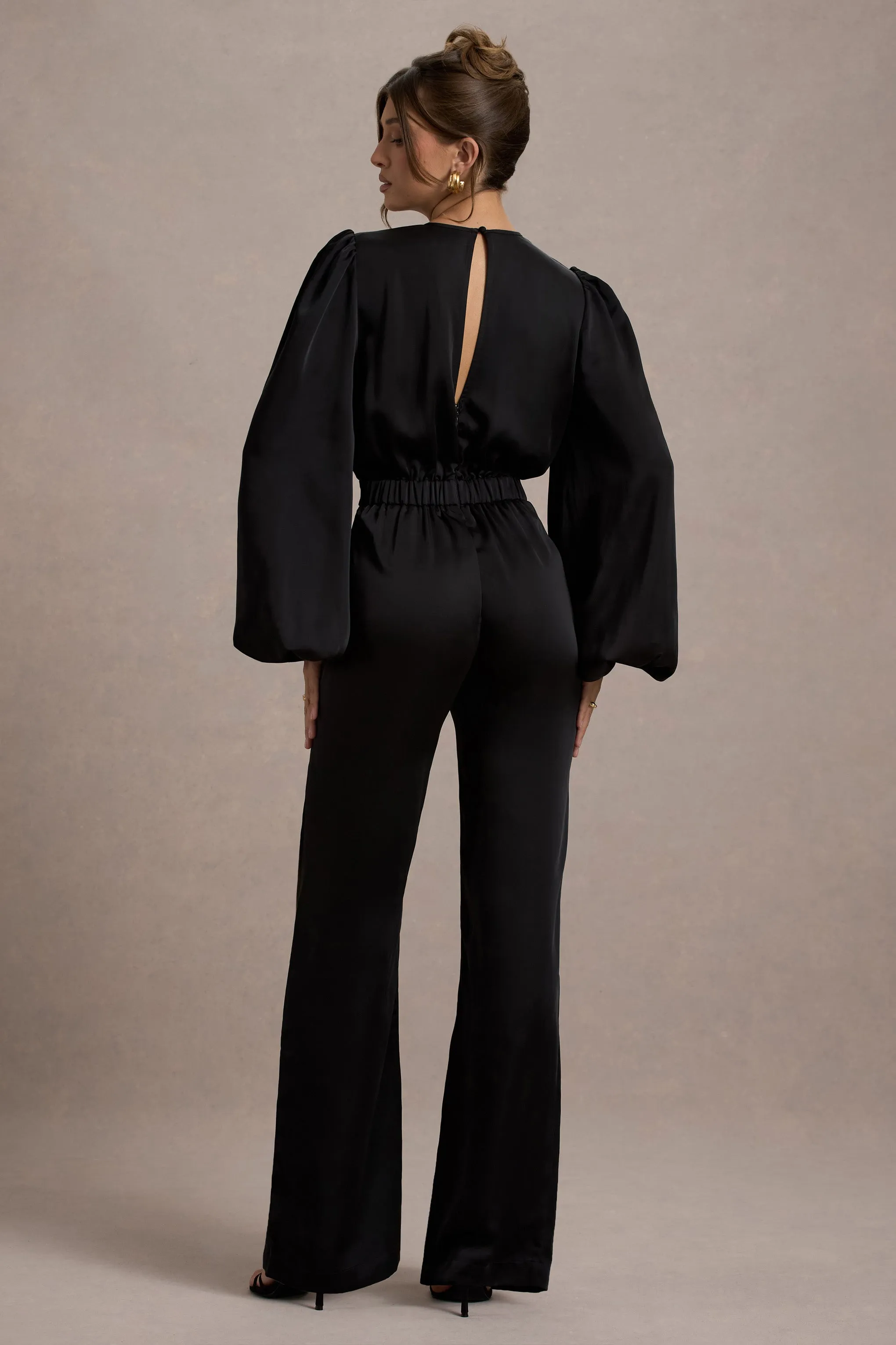Suzanna | Black Satin Puff-Sleeve Wide-Leg Jumpsuit Club L London