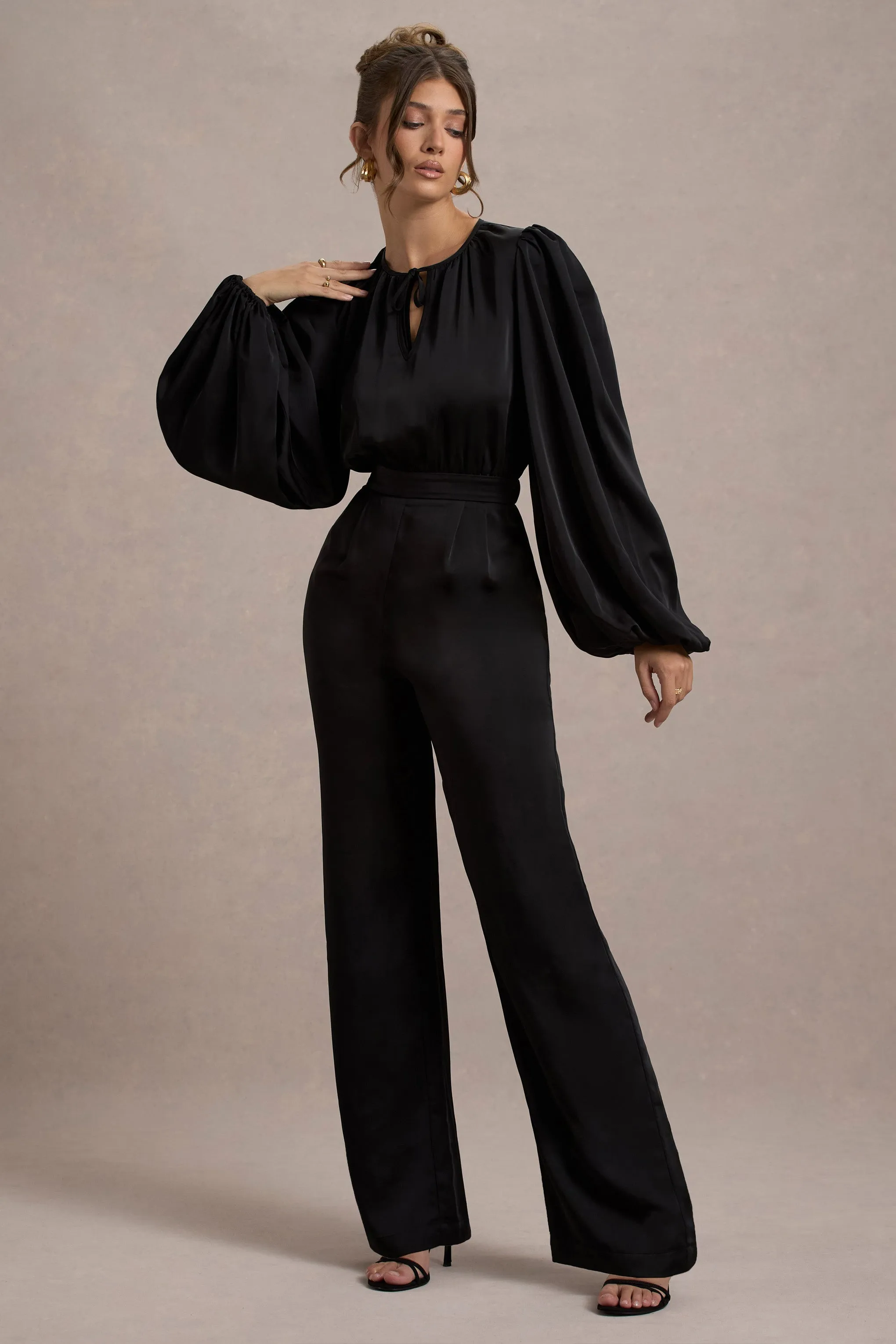 Suzanna | Black Satin Puff-Sleeve Wide-Leg Jumpsuit Club L London