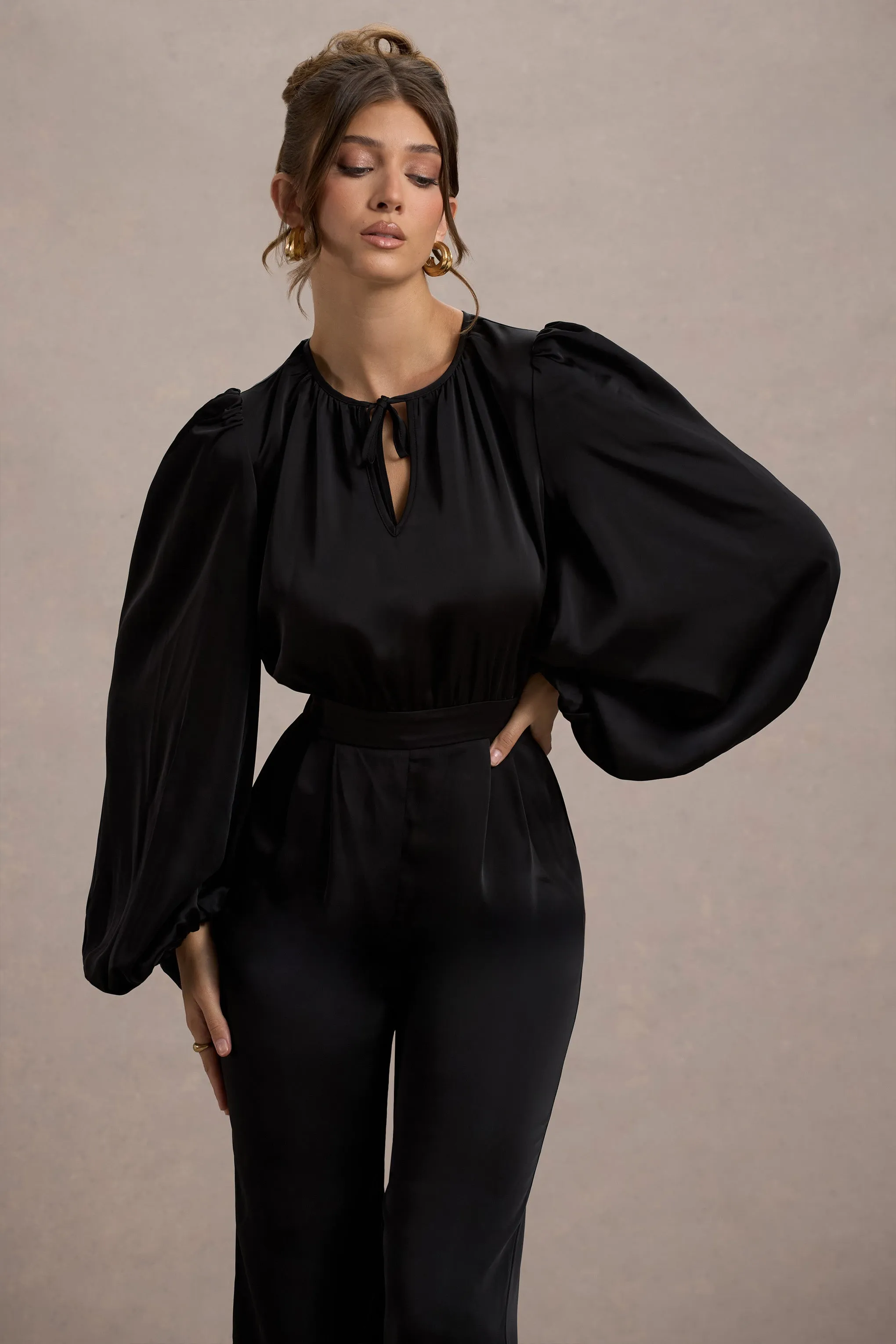 Suzanna | Black Satin Puff-Sleeve Wide-Leg Jumpsuit Club L London