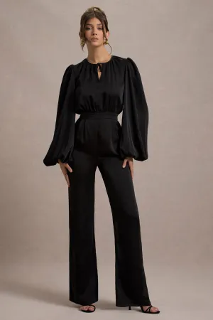 Suzanna | Black Satin Puff-Sleeve Wide-Leg Jumpsuit Club L London